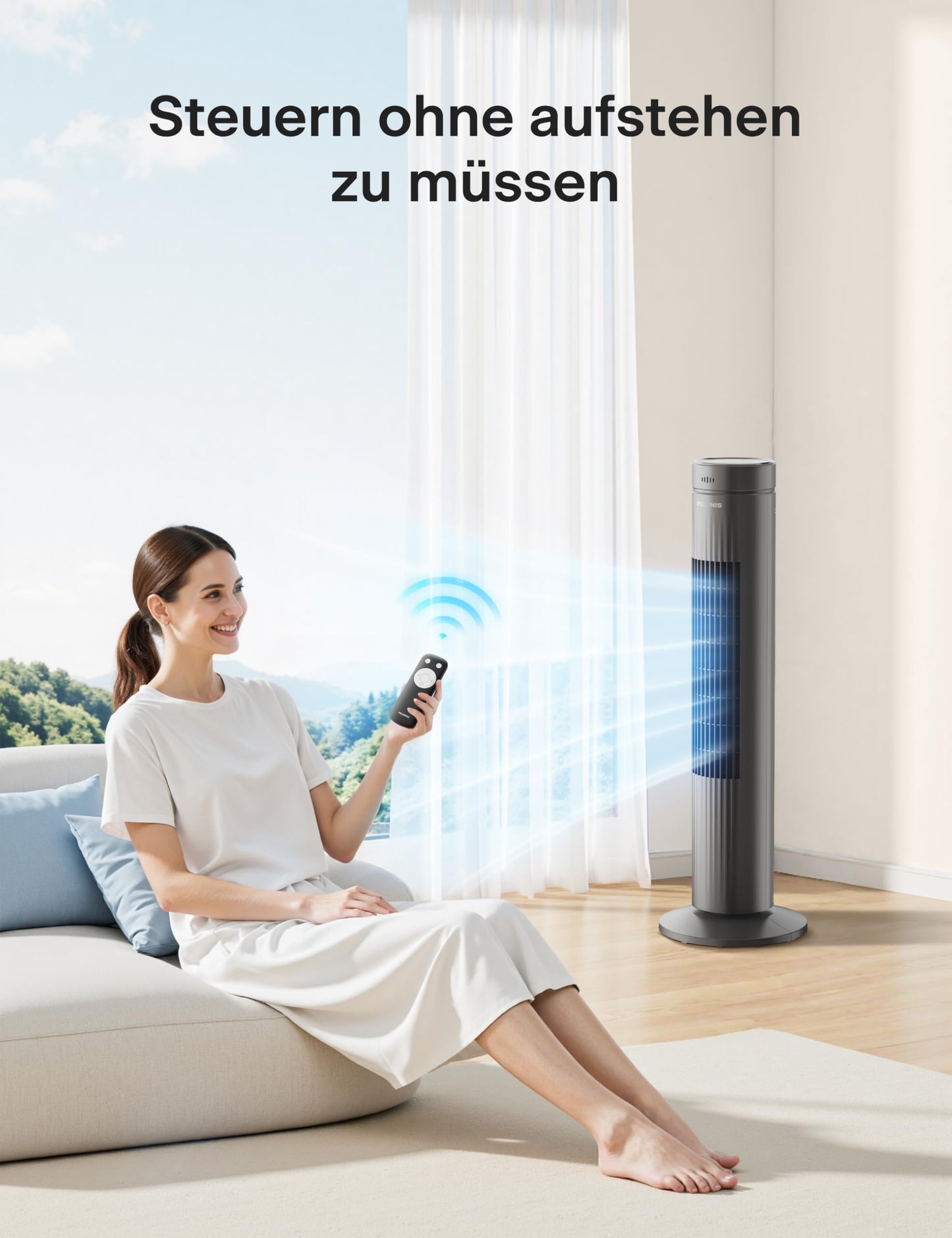 Pelonis Very Quiet Tower Fan, Fan with Remote Control Cooling, 3 Speeds, Tower Fan with 7 Hour Timer and 3 Modes, Fan for Bedroom - PE-FZ10-24KRP-DE