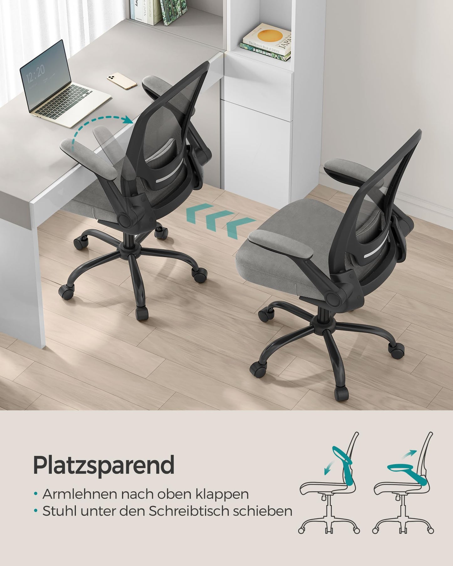 SONGMICS ergonomic office chair, swivel chair with mesh, lumbar support, rocker function, 53 cm seat, folding armrests, study and bedroom, students, dove gray OBN037G01