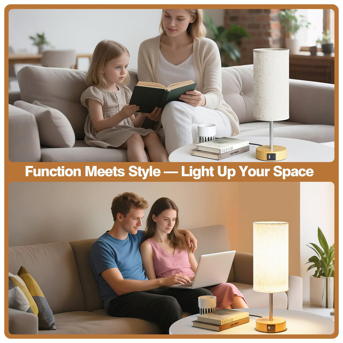 UPXNBOR Touch Nightstand Lamps 2-Piece Set, Table Lamp for Bedroom and Living Room with USB-A & USB-C Charging Ports, 3-Way Dimmable Nightstand Lamps, Linen Fabric Shade, (LED Bulb Included) - N15-1