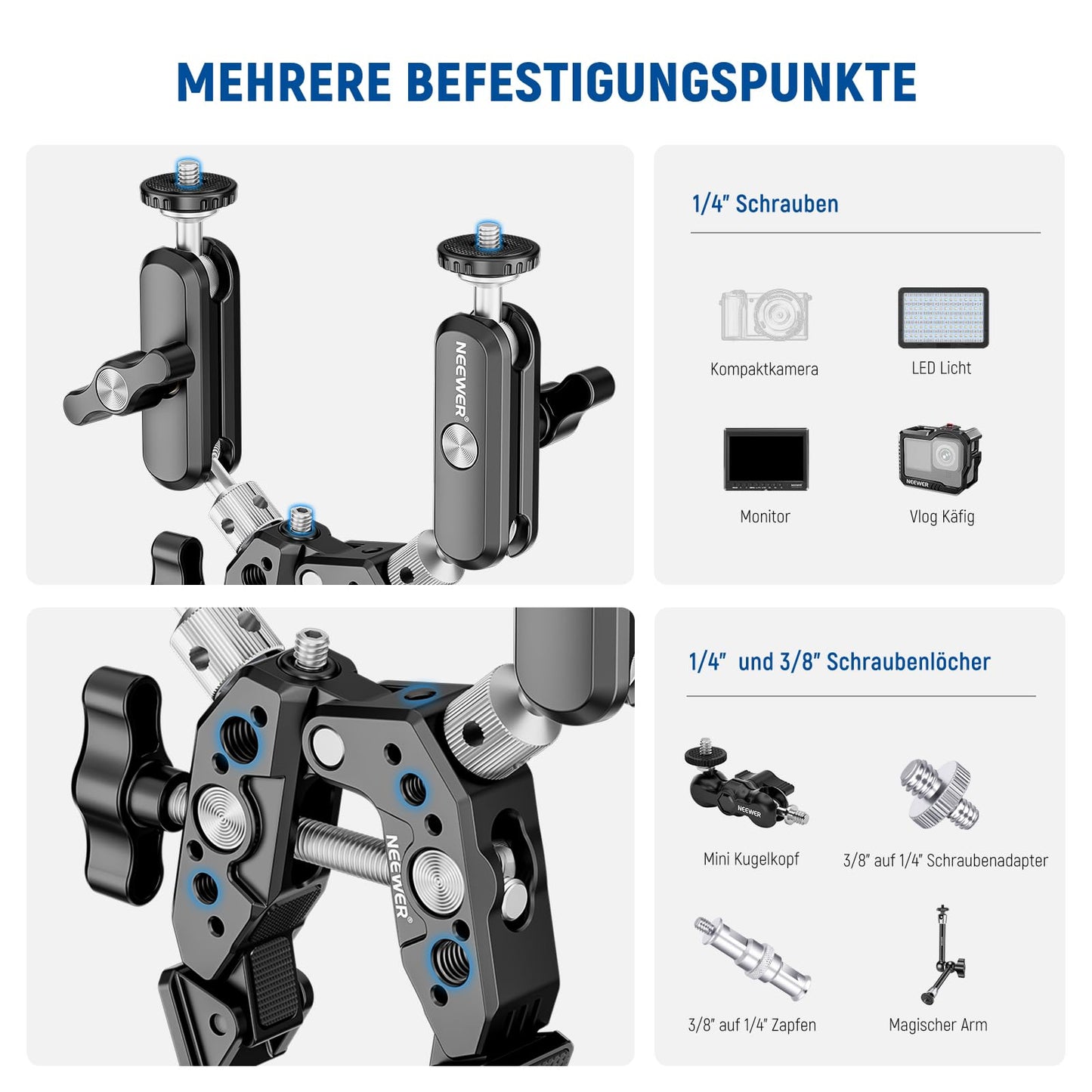 NEEWER Heavy Duty Super Clamp with Two 360° Double Ball Head Magic Arms 1/4" 3/8" Screw Thread Mobile Phone/Action Camera Mount Adapter Compatible with GoPro DJI Insta360 DSLR - 10106893