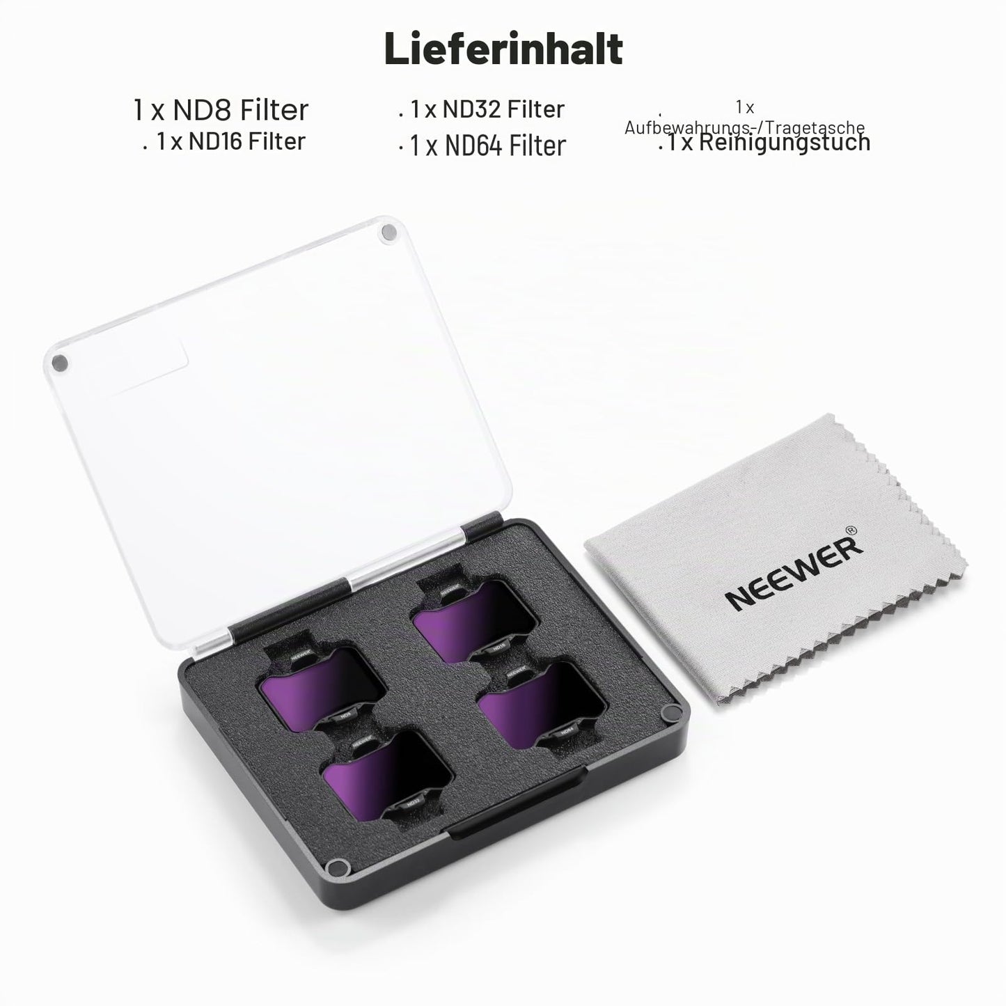 NEEWER Pack of 4 ND filter set, compatible with DJI Avata 2, neutral density filter ND8/ND16/ND32/ND64, drone lens accessories, double-sided coated HD glass. No interference with the lens cover - 10104776