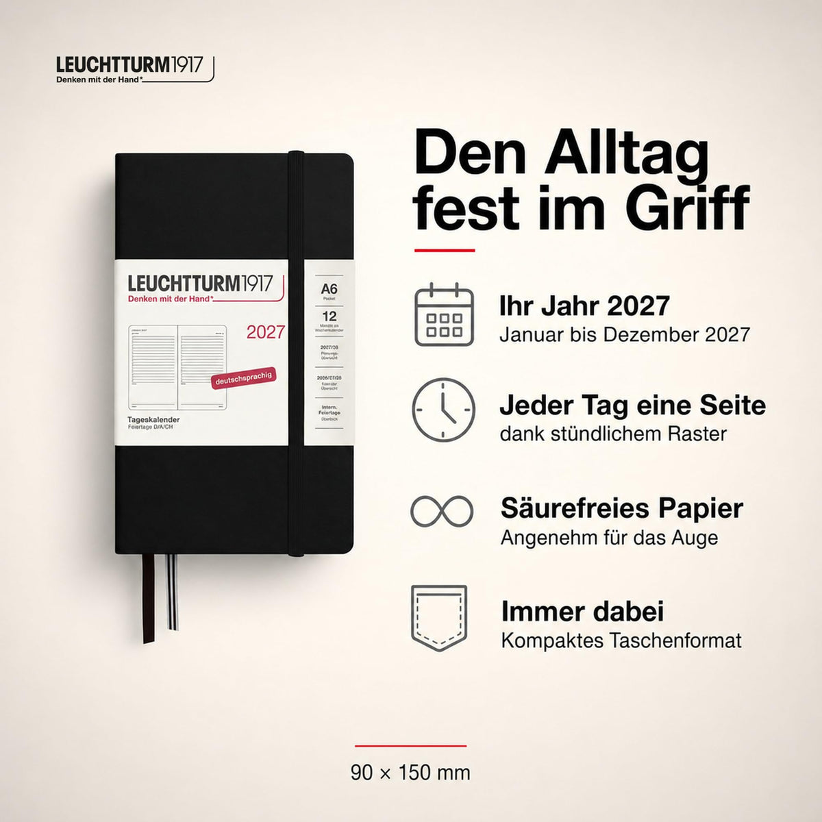 LEUCHTTURM1917 Daily Calendar 2027 Pocket (A6) - German, black, 90 x 150 mm, January-December (12 months), 1 page per day, hourly grid 7:00-22:00, hardcover, 80 g/m² paper - 400164