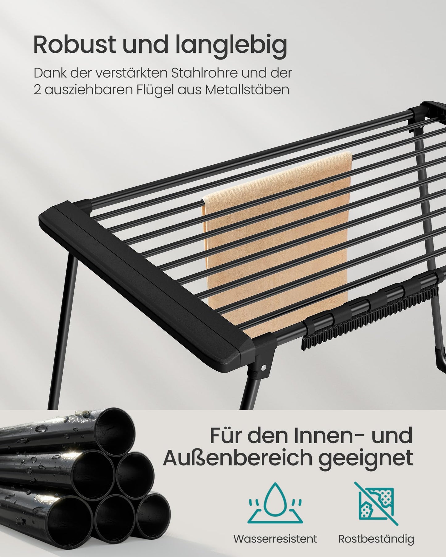 SONGMICS clothes airer, floor dryer, extendable wings, wing clothes airer, 22 m drying area, wing clothes dryer with sock holder, foldable, ink black LLR522BH01