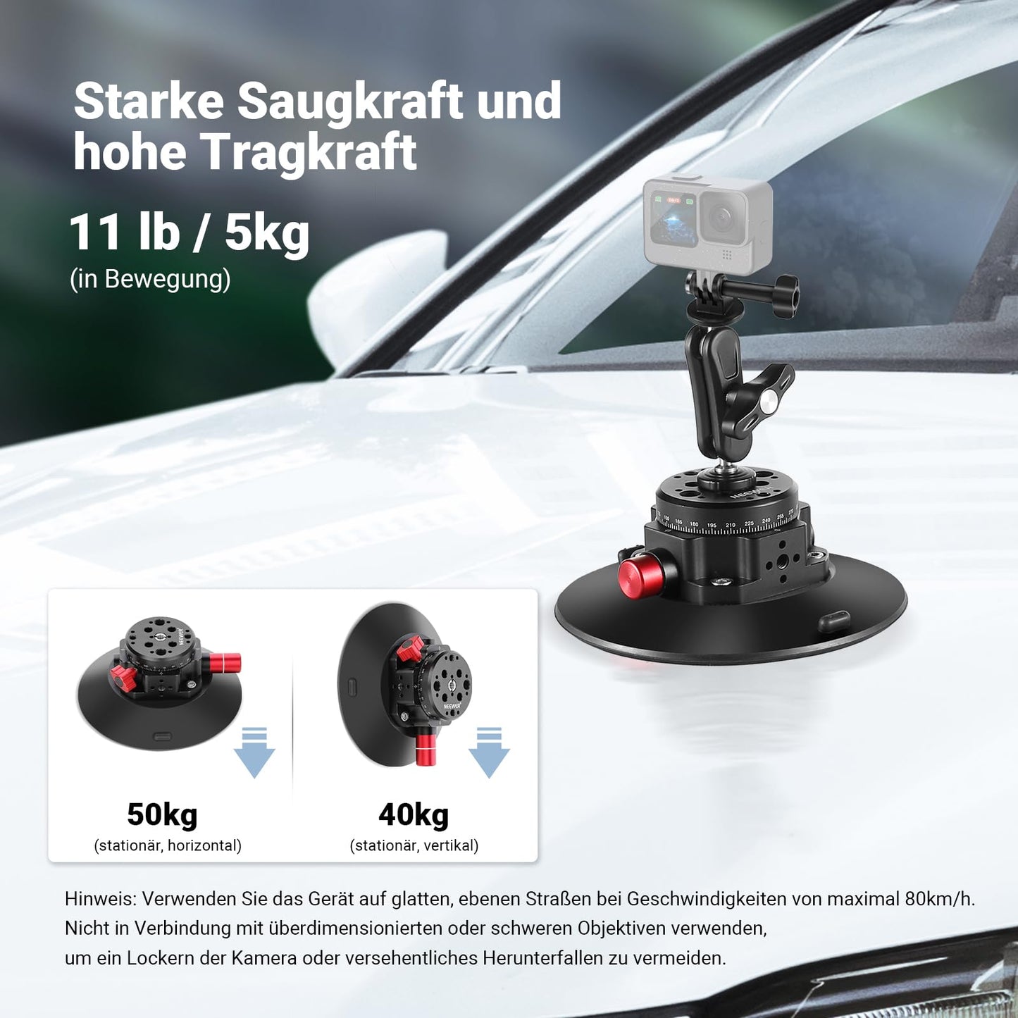 NEEWER 6" Camera Suction Cup Mount with Ball Head Magic Arm, 2 Pack Metal Car Mount for Camera, Air Pump Vacuum on Car Window Glass with 1/4" 3/8" ARRI Mounting Holes, CA013 - 2x