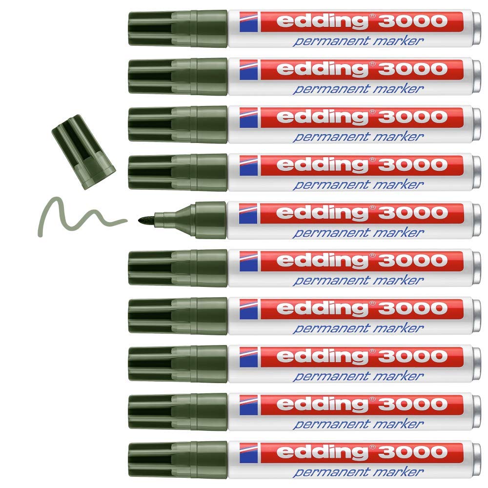 edding 3000 permanent marker - olive-green - 10 pens - round tip 1.5-3 mm - quick-drying permanent marker - waterproof, smudge-proof - for cardboard, plastic, wood, metal - universal marker - 4-3000015