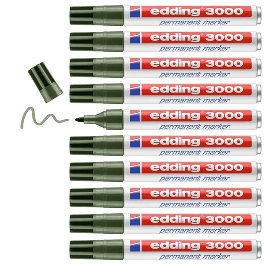 edding 3000 permanent marker - olive-green - 10 pens - round tip 1.5-3 mm - quick-drying permanent marker - waterproof, smudge-proof - for cardboard, plastic, wood, metal - universal marker - 4-3000015