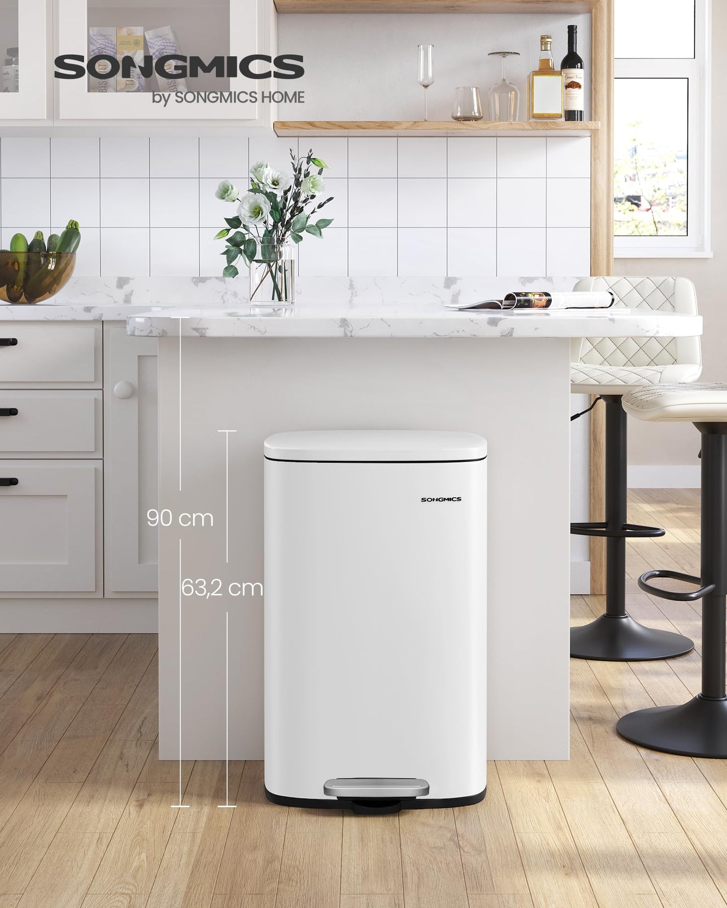 SONGMICS kitchen rubbish bin, 50 liters, waste bin, pedal bin, with lid, soft close, foot pedal, steel, inner bin, white LTB101W01