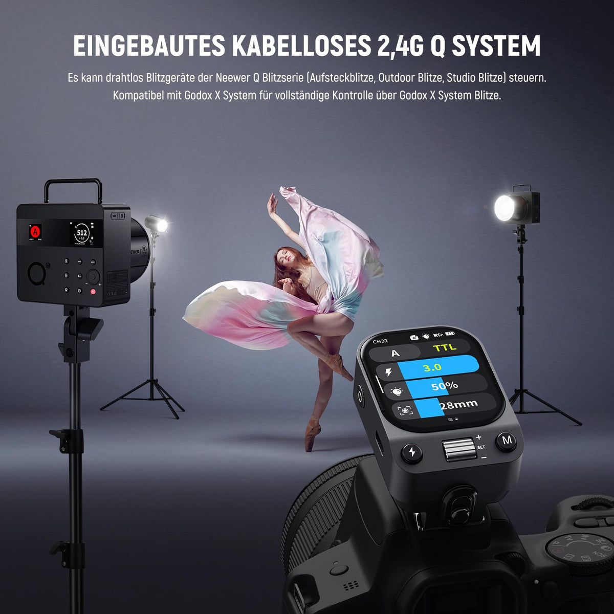 NEEWER QZ-C 2.4G TTL Wireless Flash Trigger compatible with Canon cameras Godox IT32 V1 V100 AD200 Pro II, OLED Touchscreen flash transmitter for the hot shoe with 1/8000s HSS, 1000mAh battery/cm switch.