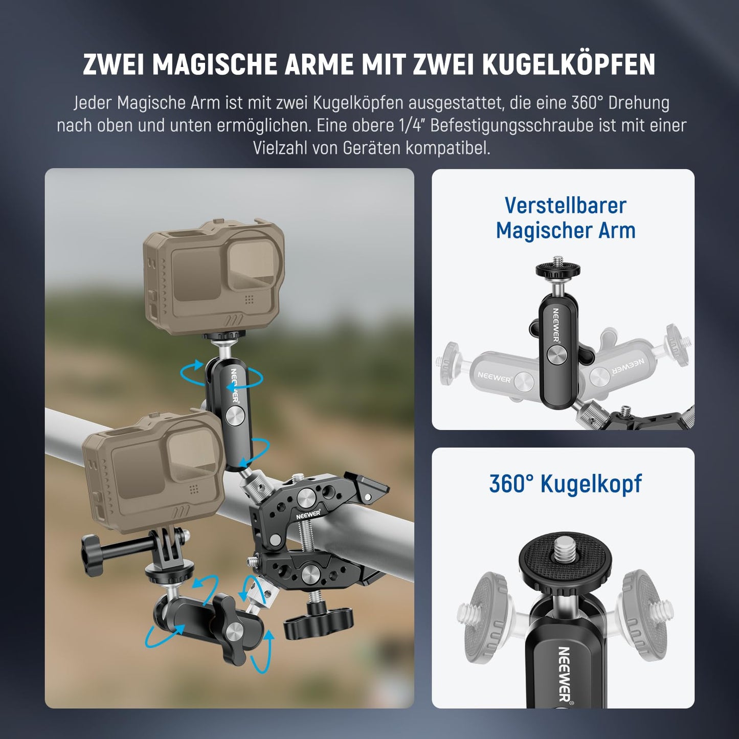 NEEWER Heavy Duty Super Clamp with Two 360° Double Ball Head Magic Arms 1/4" 3/8" Screw Thread Mobile Phone/Action Camera Mount Adapter Compatible with GoPro DJI Insta360 DSLR - 10106893