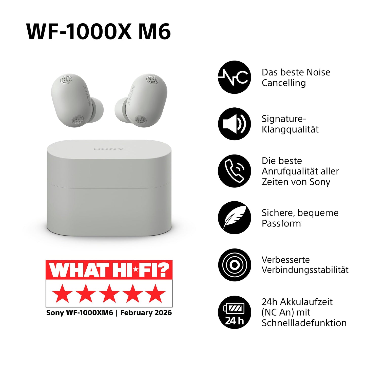 Sony WF-1000XM6 Flagship Wireless Noise Canceling Headphones, Bluetooth, In-Ear Headphones, Sony Hi-Res Sound, Clear Calls, 10-Band EQ, 24 Hour Battery Life (NC On), IPX4 - Silver - WF1000XM6S.CE7