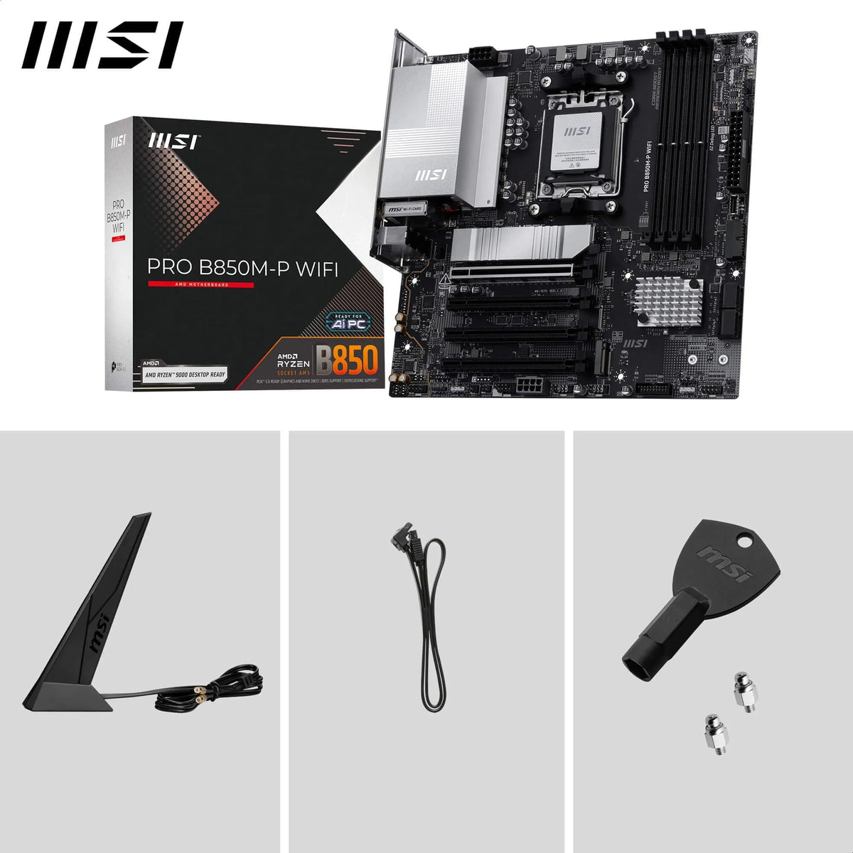 Placă de bază MSI PRO B850M-P WiFi, mATX - Suportă procesoare AMD Ryzen 9000/8000/7000, AM5 - Memorie DDR5 Boost (8200+ MT/s OC), PCIe 5.0 x16 și 4.0 x16, M.2 Gen5, Wi-Fi 7, LAN 5G - 7E71-001R