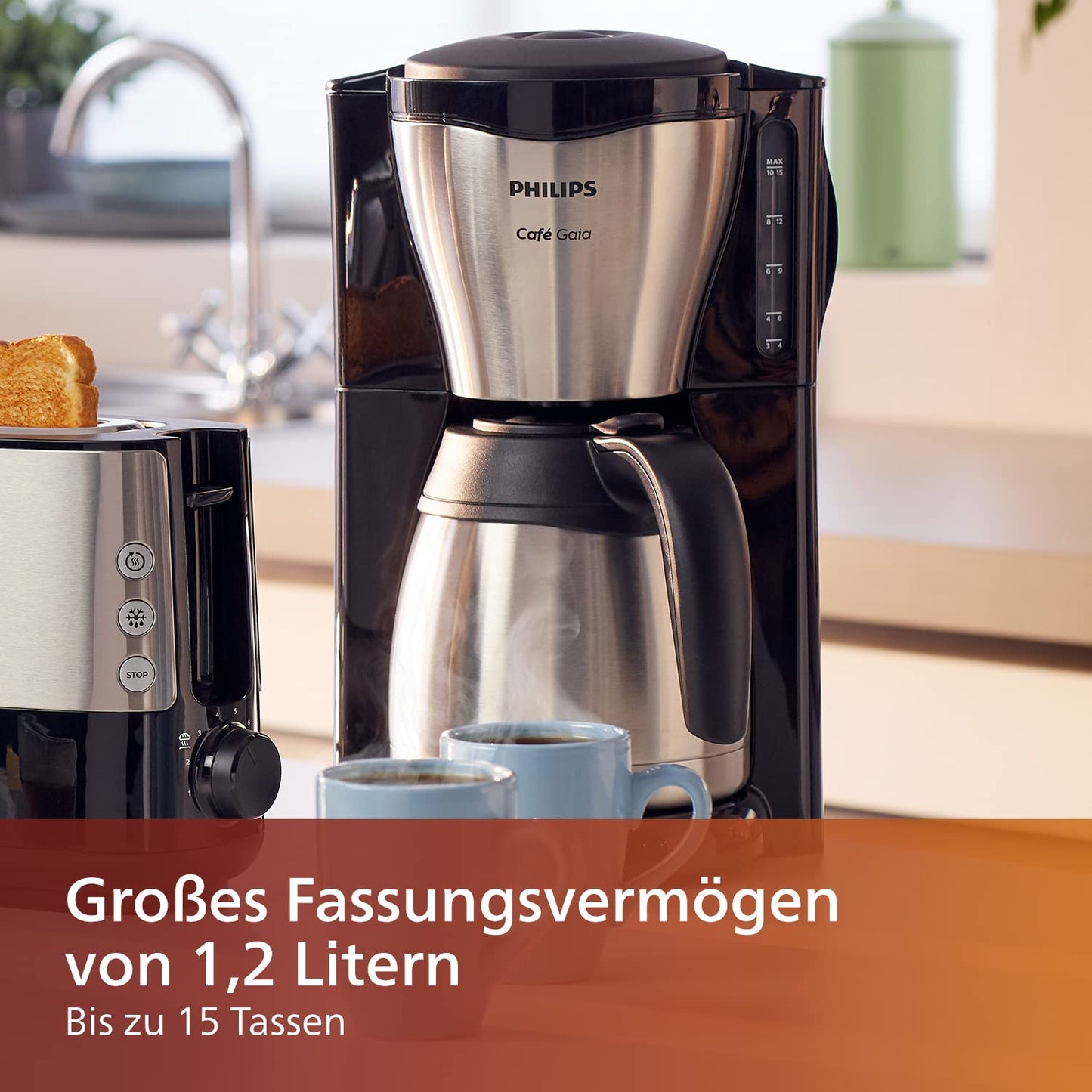 Philips Café Gaia Filter Coffee Machine - Stainless Steel Thermos, Drip Stop, Intense Aroma, Auto Shut-Off, 1,300 ml, Black (HD7546/20)