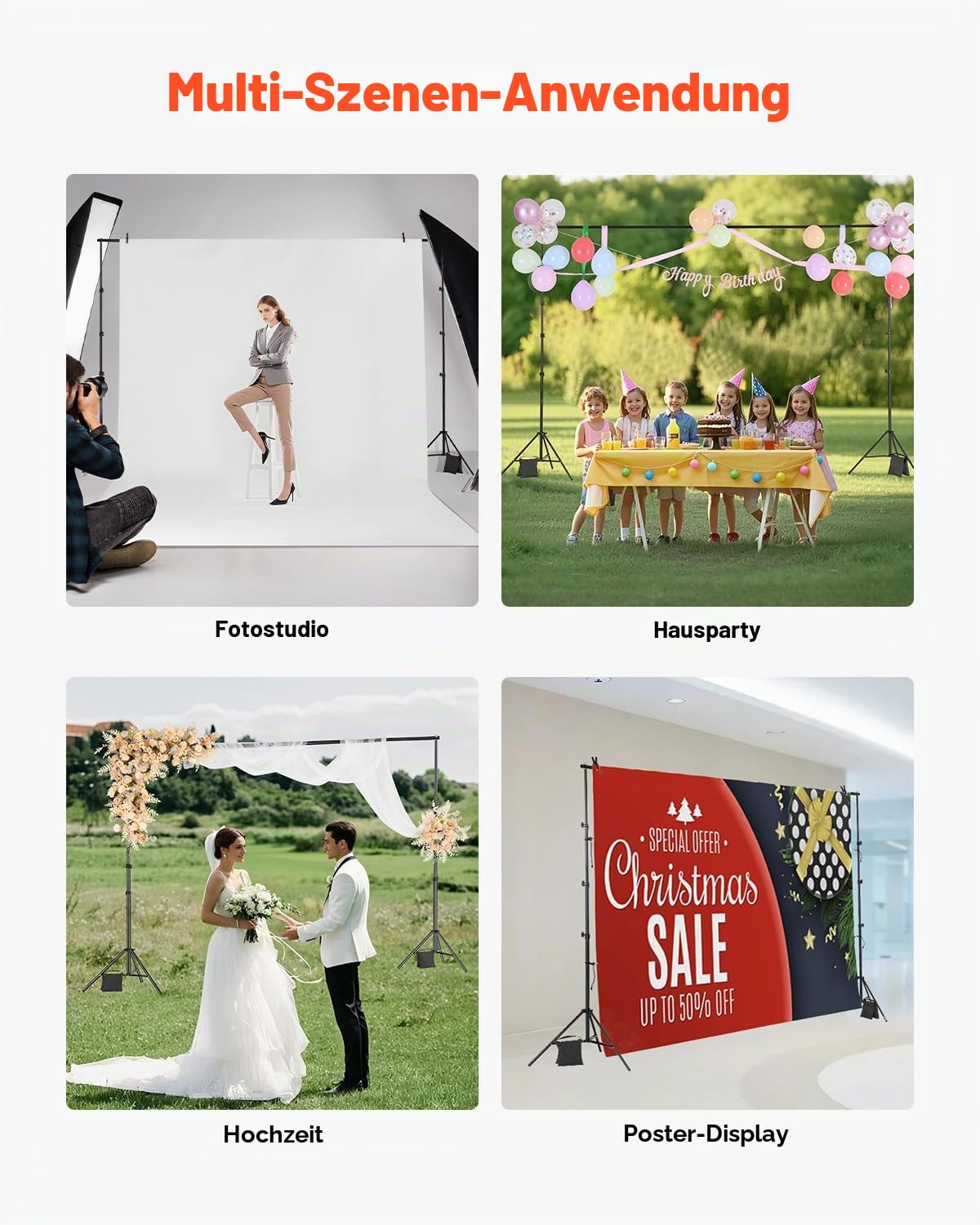 VEVOR Background Stand Adjustable Photo Background Stand (Background Cloth: 300 x 300 cm), Portable Background Stand with 2 Tripods, Screen Stand for Product Photography Studio Photography - BJJ-1010