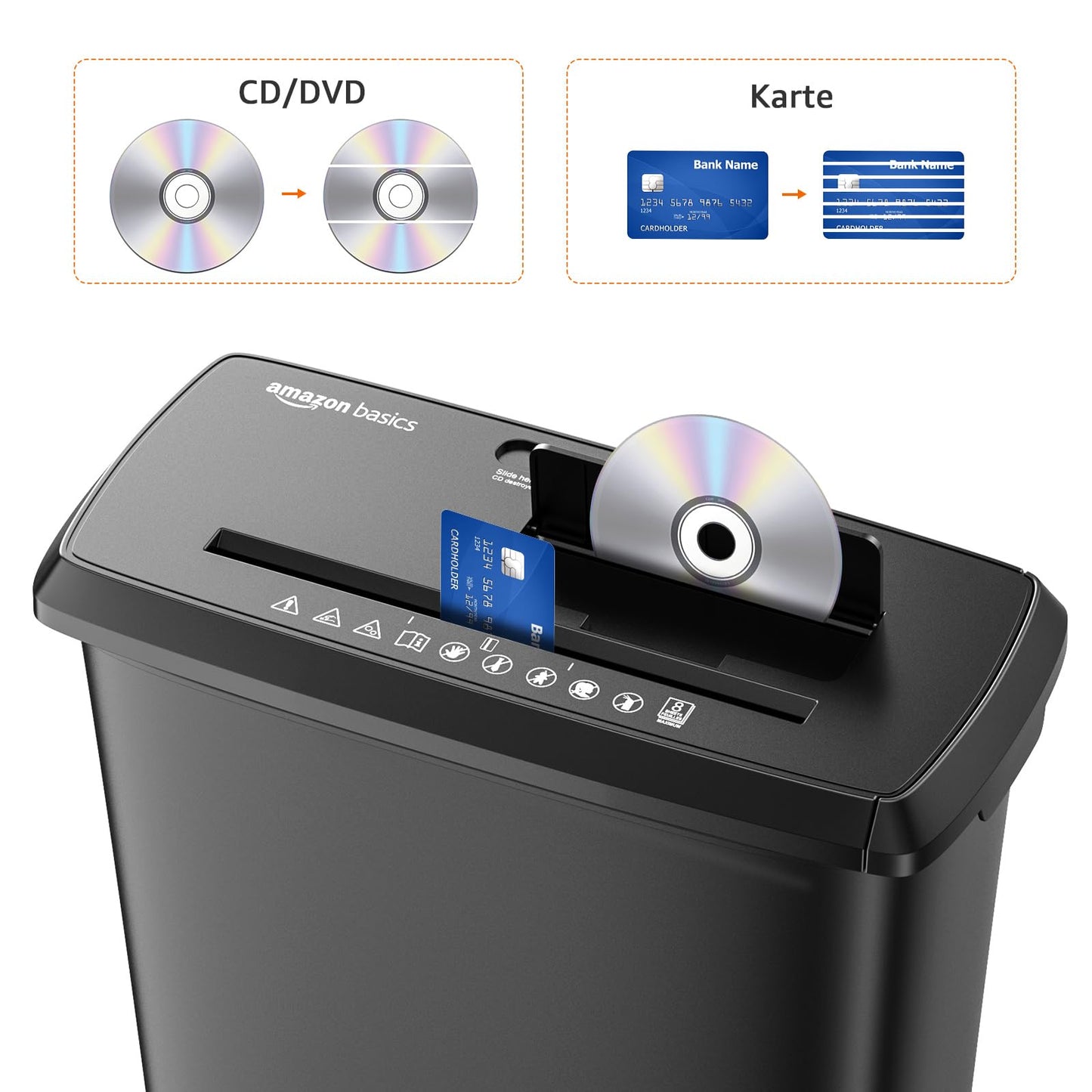 Amazon Basics strip cut document shredder, 8 sheets, for A4 documents, CDs and credit cards, 13l collection container, black - S120-D