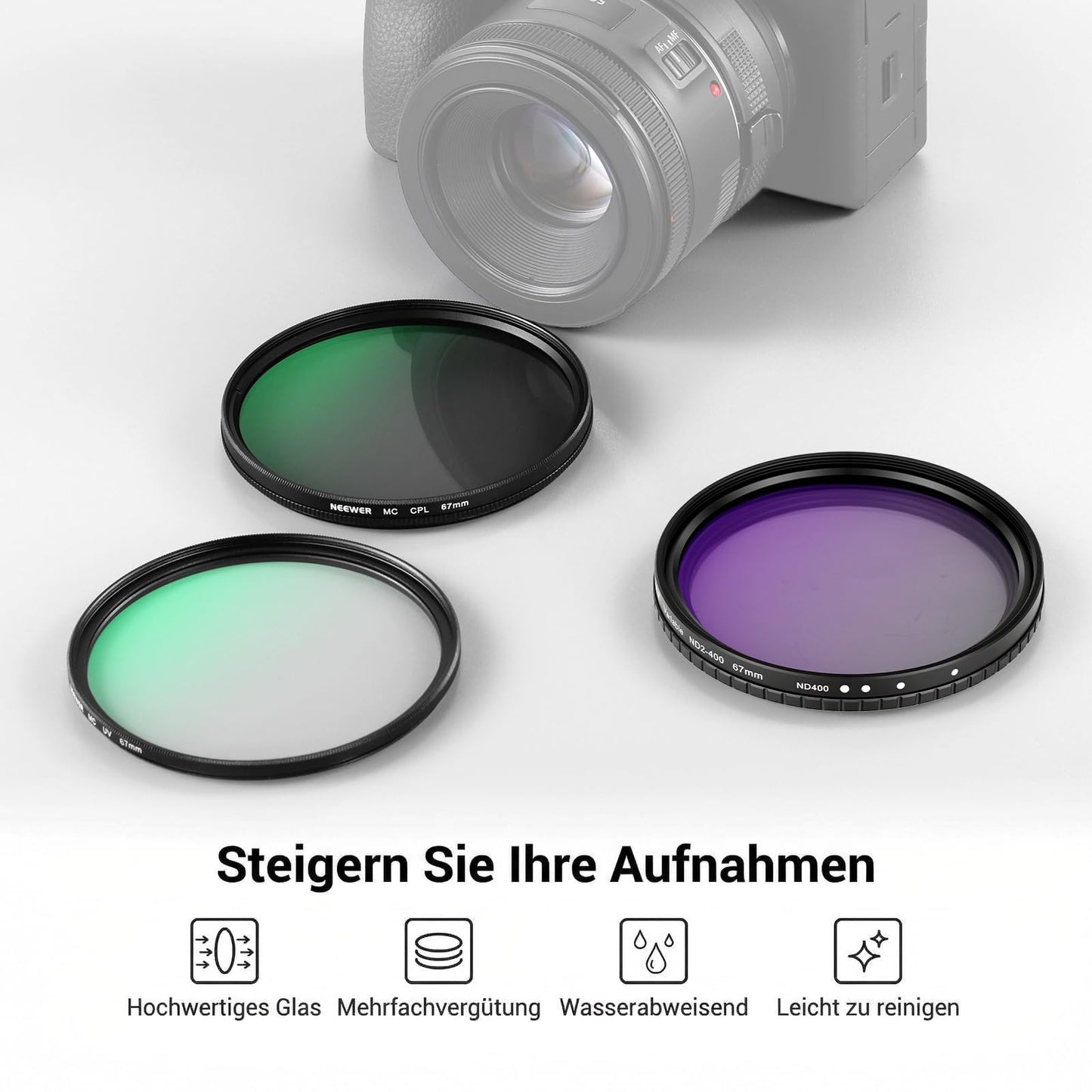 NEEWER 67 mm variable ND + CPL + UV filter set, pack of 3, multi-coated gray filter (ND2-400) circular polarization filter camera lens polarizing filter, photo accessories with carrying case lens caps - NW