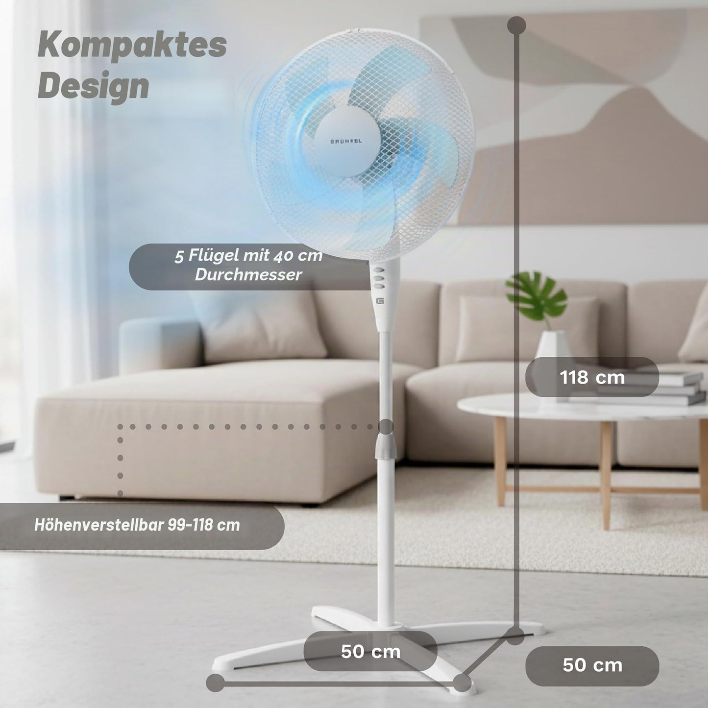 Grunkel - 16" pedestal fan with 3 speed levels and height adjustment - FAN-G165X - leaf base with 62 cm diameter and 3 semi-transparent blades - 50 W - white - FAN-165XNG