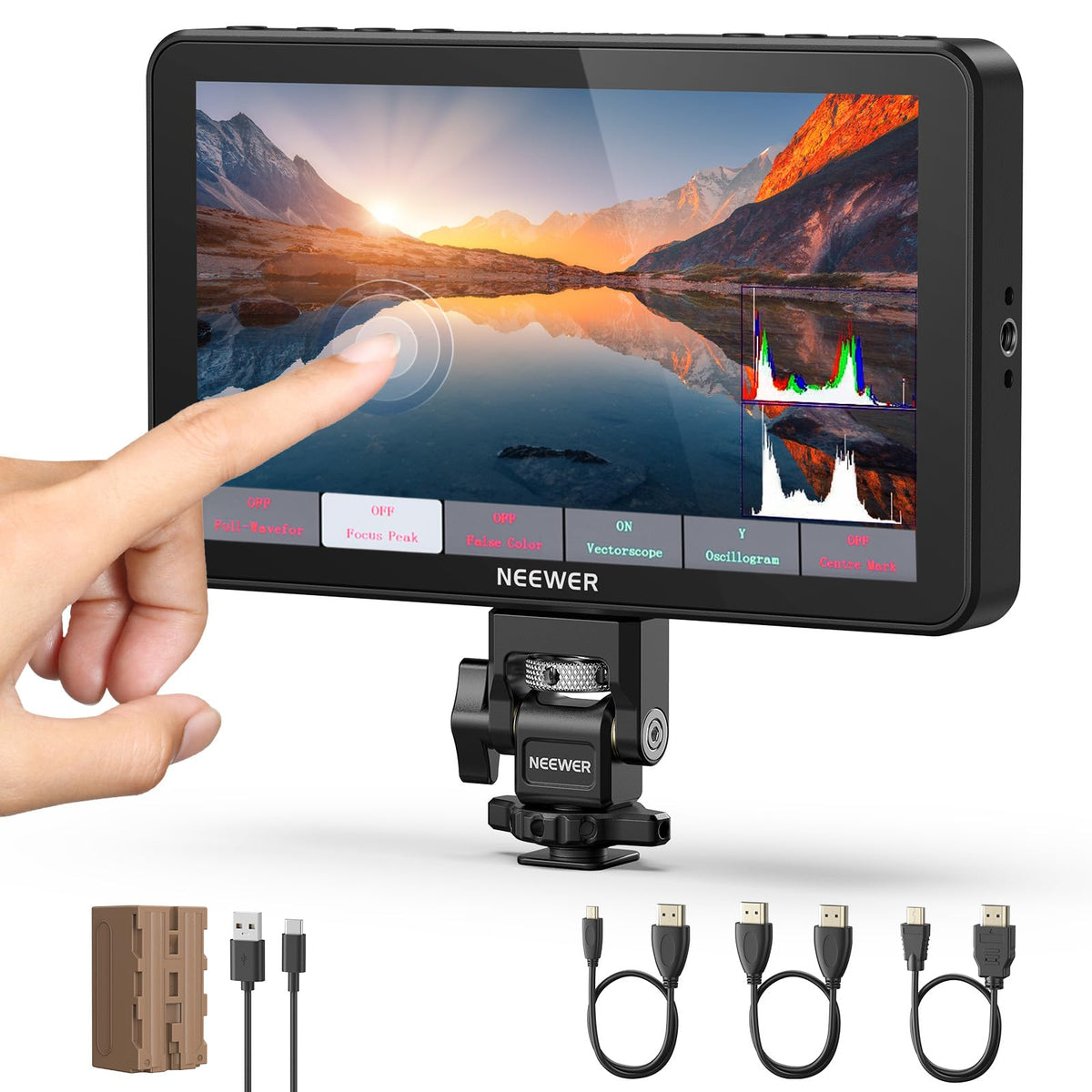 NEEWER F700 7" Camera Field Monitor, 2000nit HD 1920 x 1080 IPS Touchscreen with 3D LUT, 4K HDMI Loop In/Out with Peak Focus DSLR Video Assist HDR Waveform, Cold Shoe Mount, 5200mAh Battery and Cable