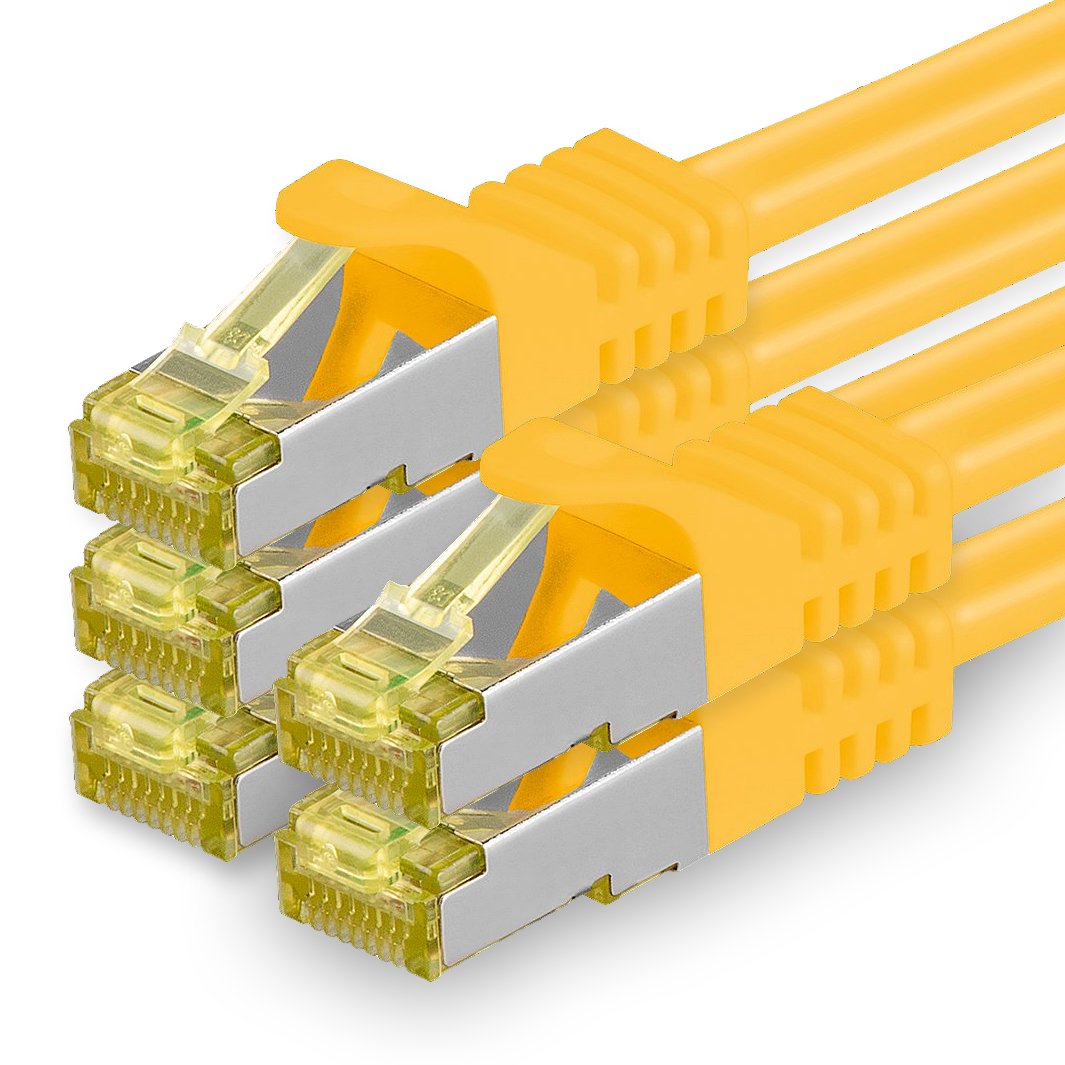1aTTack.de Cat.7 network cable 5m yellow pack of 5 Cat7 Ethernet cable network LAN cable raw cable 10 Gb s SFTP PIMF LSZH set patch cable with Rj 45 plug Cat.6a - 4251073616117