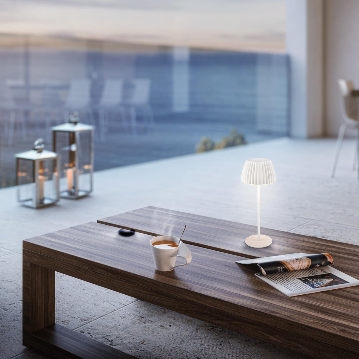 BRILONER - Riffle LED table lamp, wireless, IP44 with light edge, touch dimmer, replaceable battery, bedside lamp, reading lamp, LED lamp, battery lamp, German Design Award Winner 2025, 14.5x36.5 cm, White - 7553016