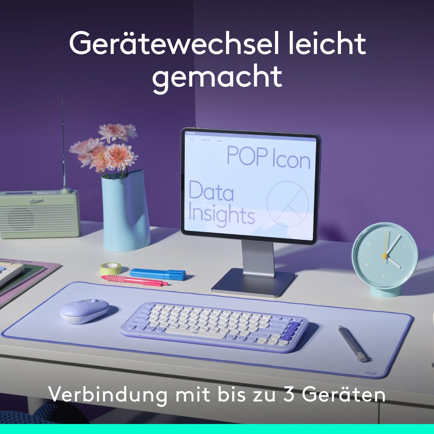 Logitech POP ICON Combo, Bluetooth keyboard and mouse set, comfortable typing, programmable buttons, quiet clicks, easy switch for up to 3 devices, QWERTZ DEU - graphite - 920-013106