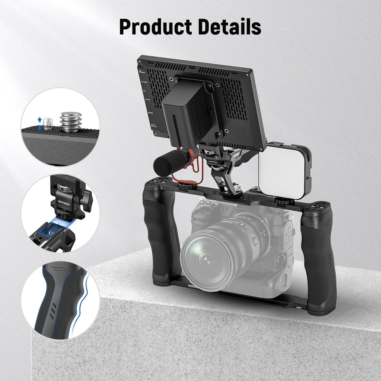 NEEWER Universal Camera Cage with Top Handle, Accessories Monitor Mount, Arca Type Camera Gimbal Stabilizer Video Rig, Two Handles and 3/8 Compatible with SmallRig CA016T+MA006
