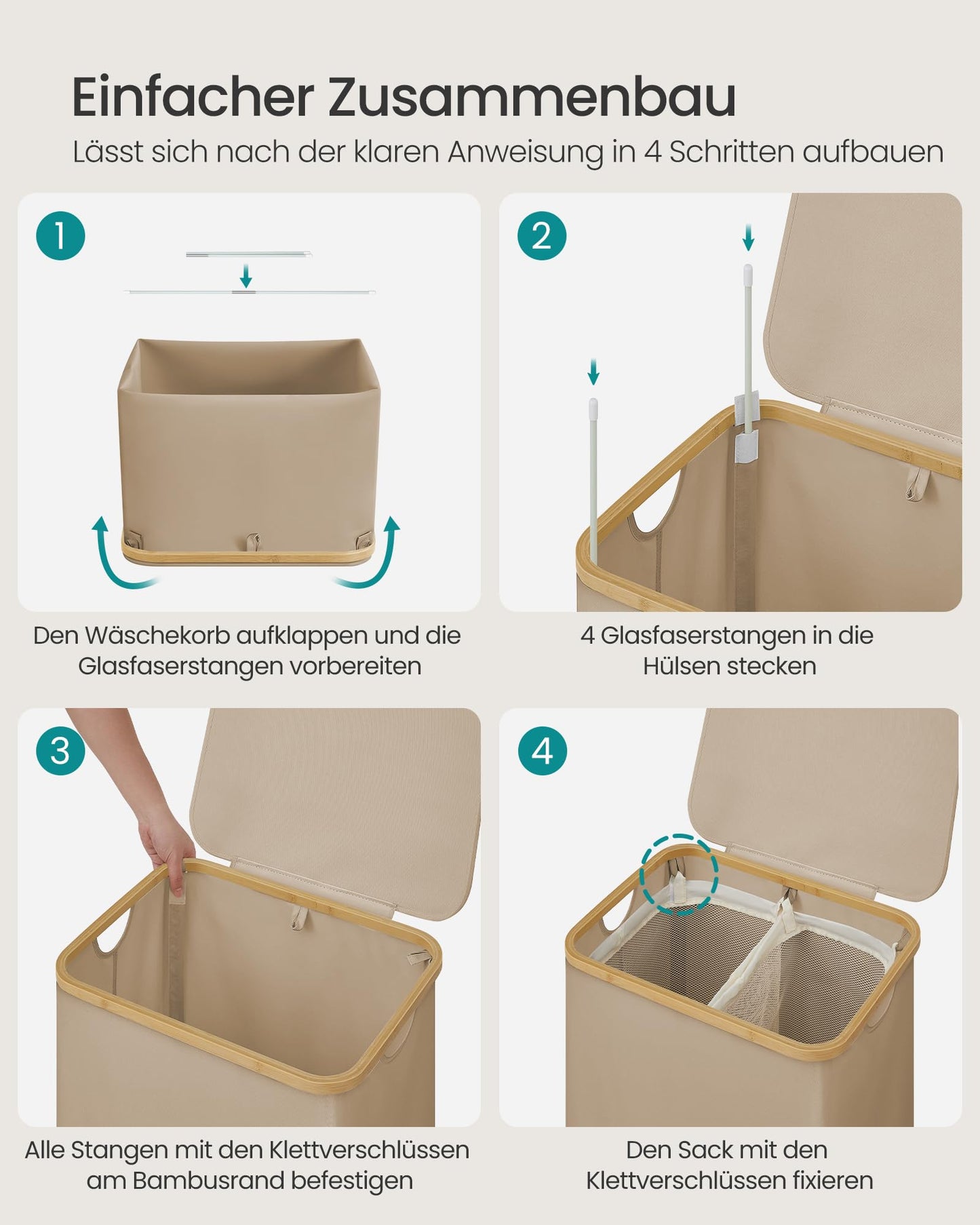 SONGMICS Laundry Basket with Lid, Laundry Hamper with 2 Compartments, 130L, Removable Laundry Bag, Oxford Fabric, Bamboo Handles, Foldable, 52 x 38.5 x 70.5 cm, Camel Brown LCB513LJ01 - PCT611W01