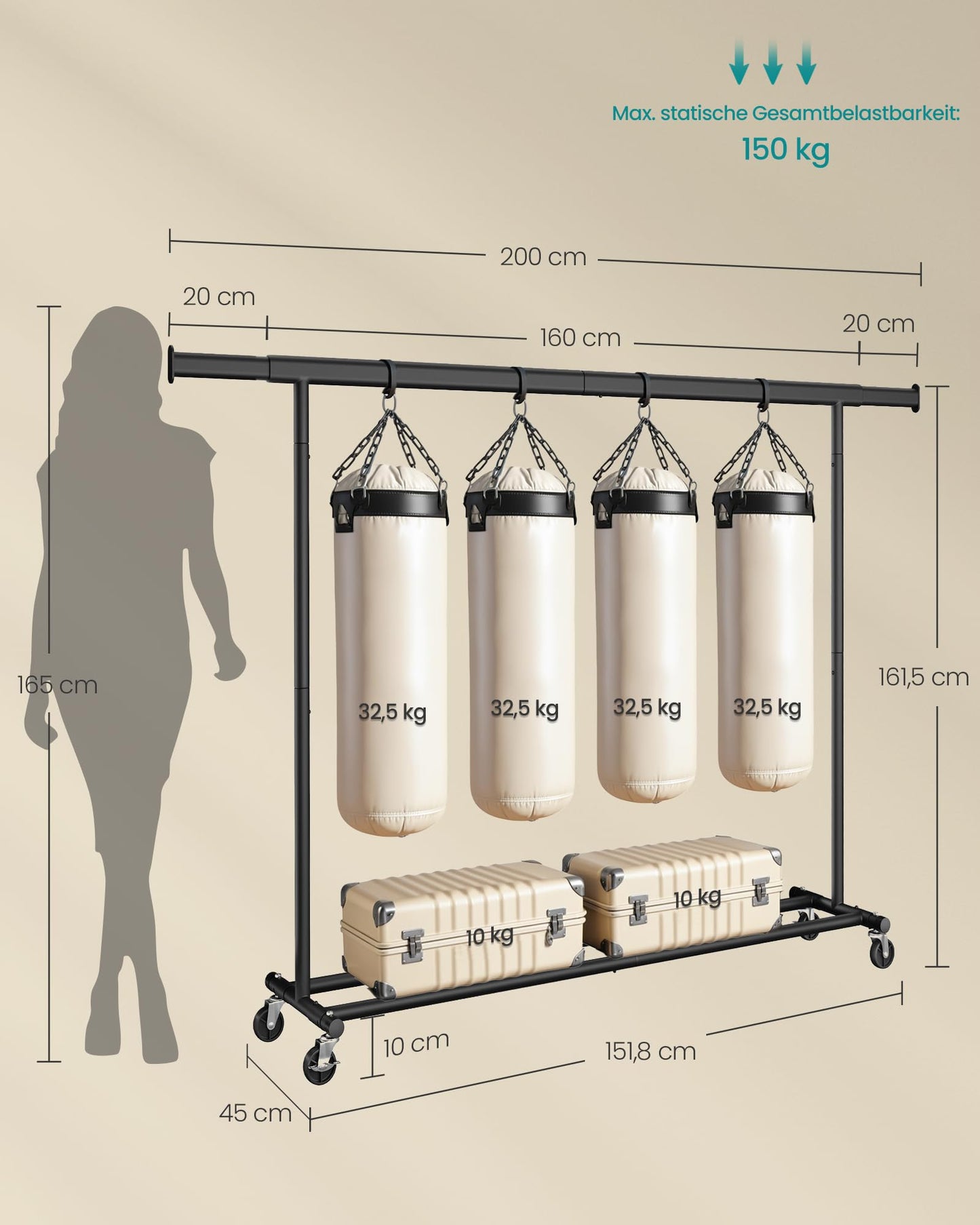 SONGMICS clothes rack on wheels, heavy-duty coat rack, extendable clothes rail, loads up to 150 kg, easy assembly, transportable, black HSR175B01 - UHSR175B01