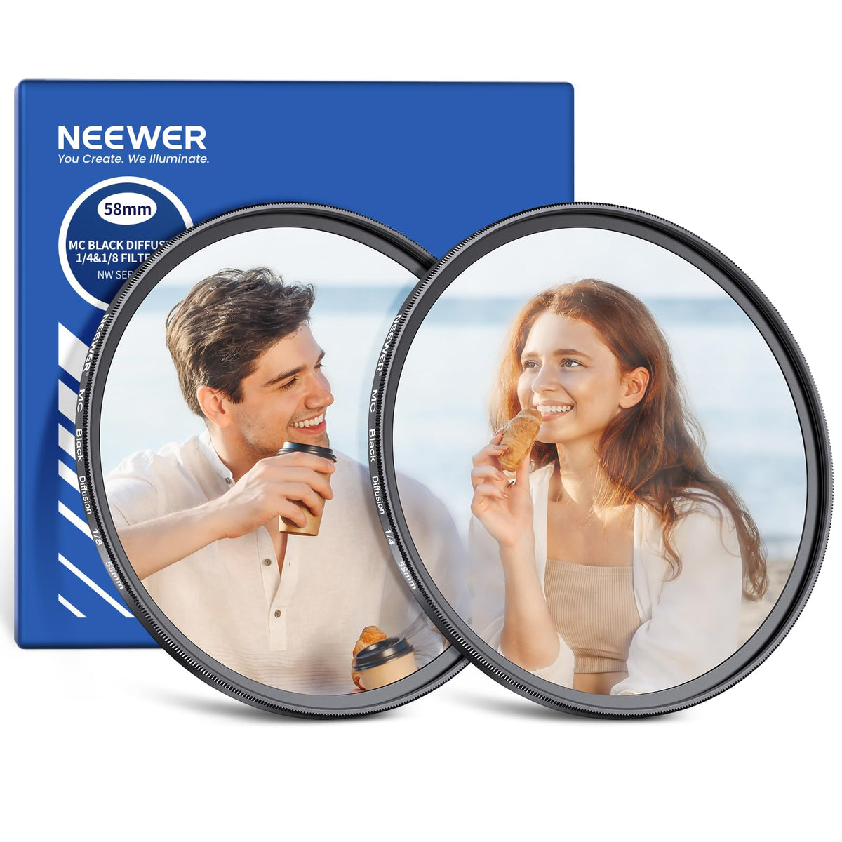 NEEWER 58mm 1/4 & 1/8 Black Diffusion Filter pentru un efect de ceață cinematic (2 pachete), set de filtre cu mai multe straturi pentru fotografie de portret și video, cu husă de depozitare și cârpă de curățare. - 10105484
