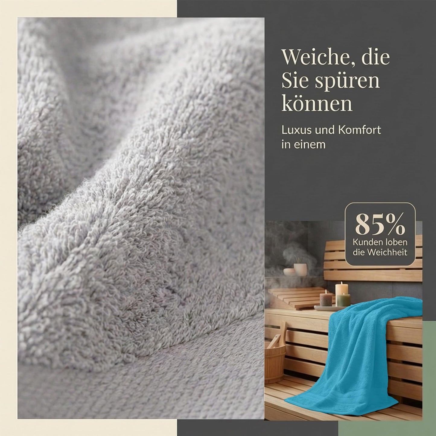 Komfortec 2 sauna towel set 80x200 cm, large sauna towels made of 100% cotton, sauna towels, fluffy and absorbent, quick-drying, light gray/turquoise - 2er-80x200-silber-und-türkis