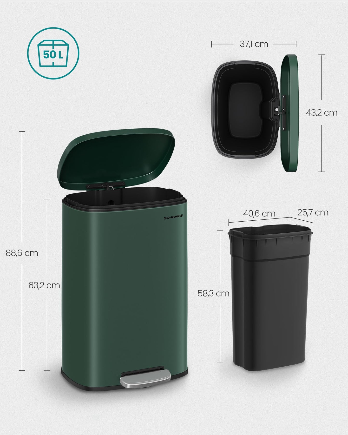 SONGMICS kitchen rubbish bin, 50 liters, waste bin, pedal bin, with lid, soft close, foot pedal, steel, inner bin, vintage green LTB050C02