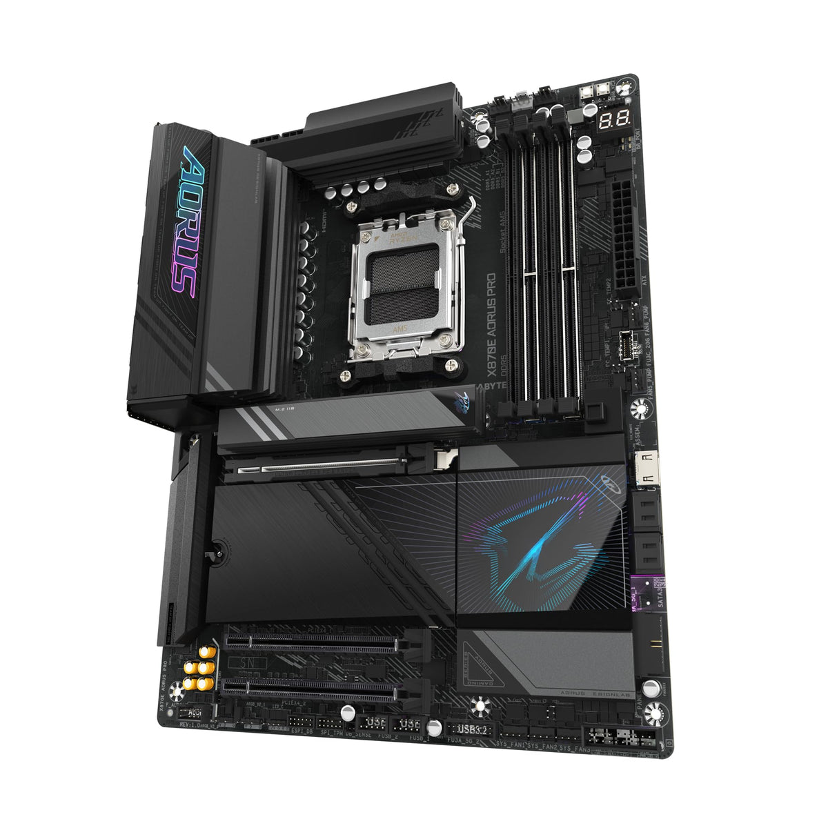 GIGABYTE X870E AORUS PRO-Mainboard - Suportă procesoarele AMD Ryzen 9000, 16+2+2 faze Digital-VRM, până la 8000MHz DDR5 (OC), 3xPCIe 5.0, Wi-Fi 7, 2.5GbE LAN, USB 4