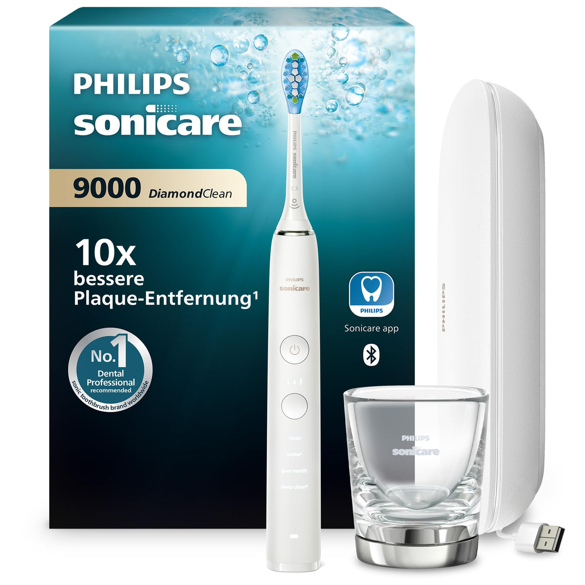 Philips Sonicare DiamondClean 9000 electric toothbrush, sonic toothbrush with app, pressure sensor, 4 brushing modes, 3 intensity levels, charging glass, and USB travel case, White, Model HX9911/27
