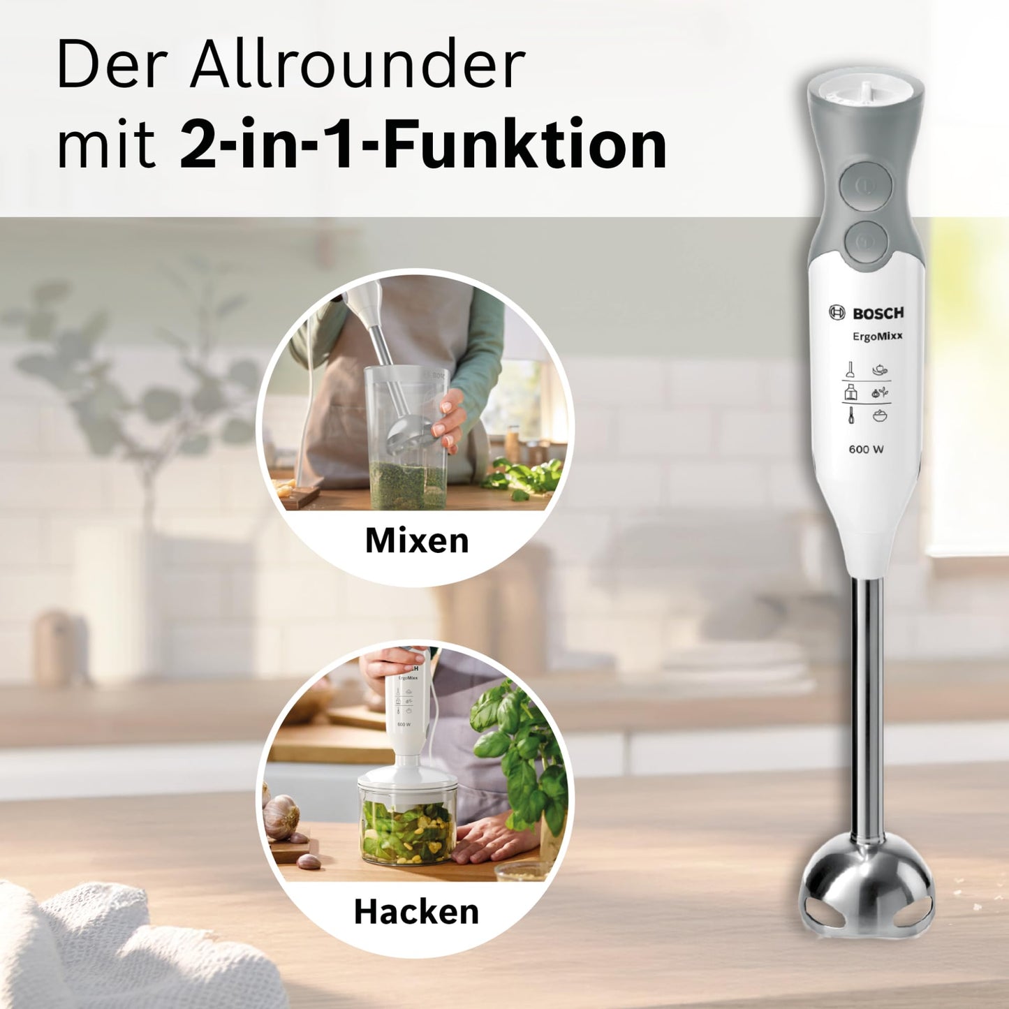 Bosch hand blender ErgoMixx, stainless steel mixing foot, mixing and measuring cup, 4-blade knife, chopper, ergonomic design, 12 levels plus turbo, 600 W, white/gray, MSM66120
