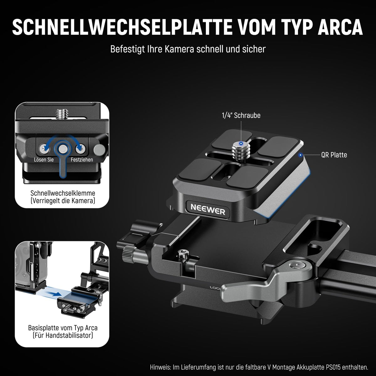 NEEWER Foldable V-Mount Battery Plate with Arca-Type Camera Base Plate for RS4 RS3 Gimbal & Tripod, Lightweight DSLR Camera Video Rig, Compatible with SmallRig V Lock Battery and Cage, PS015 - B0D6975NBR