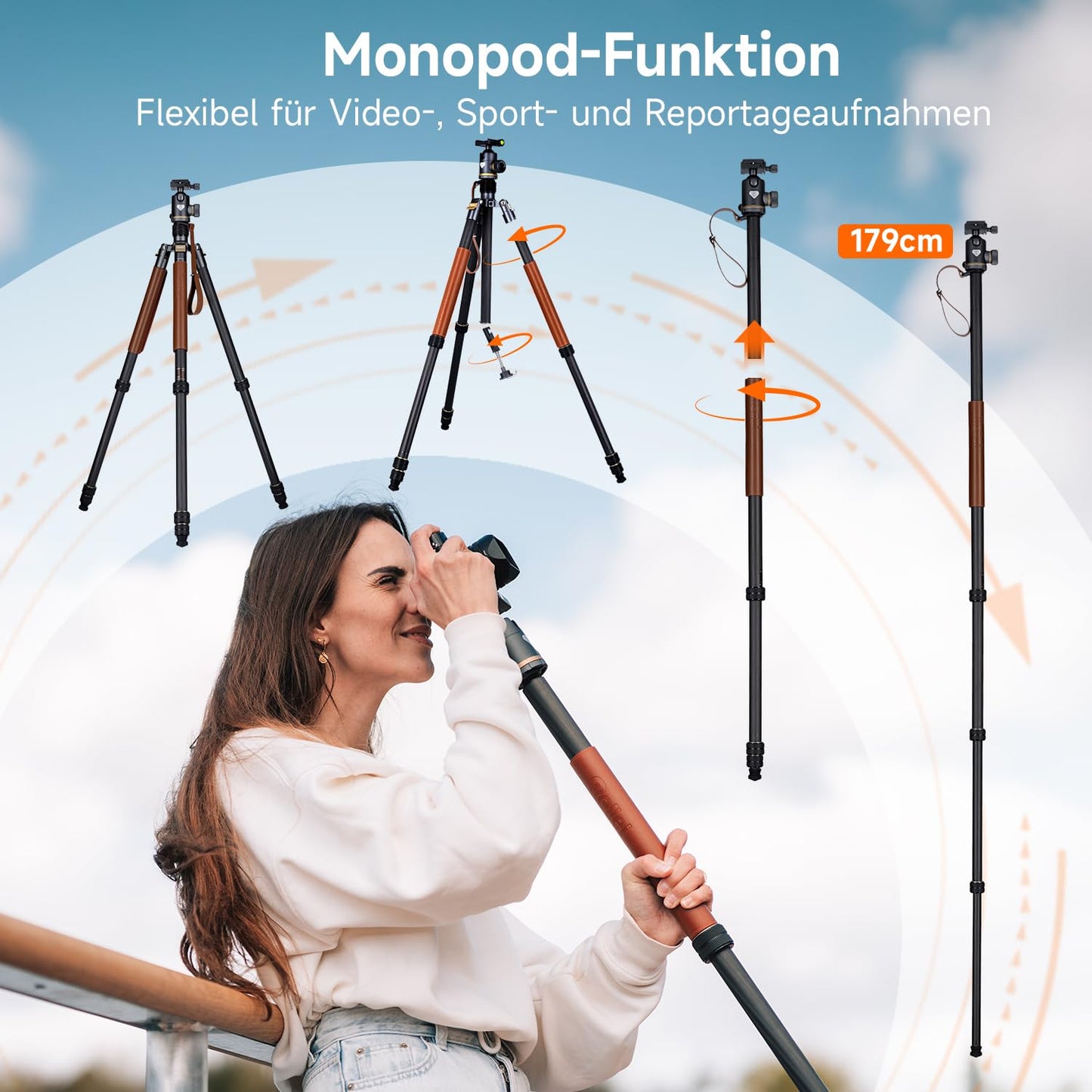 Rollei Camera Tripod C6i Carbon Heritage 174cm Tripod Camera 360° Ball Head Arca Swiss Compatible Tripod with Monopod Function Photo Tripod for DSLR & Smartphone, Camera Tripod Camera Tripod - 21662
