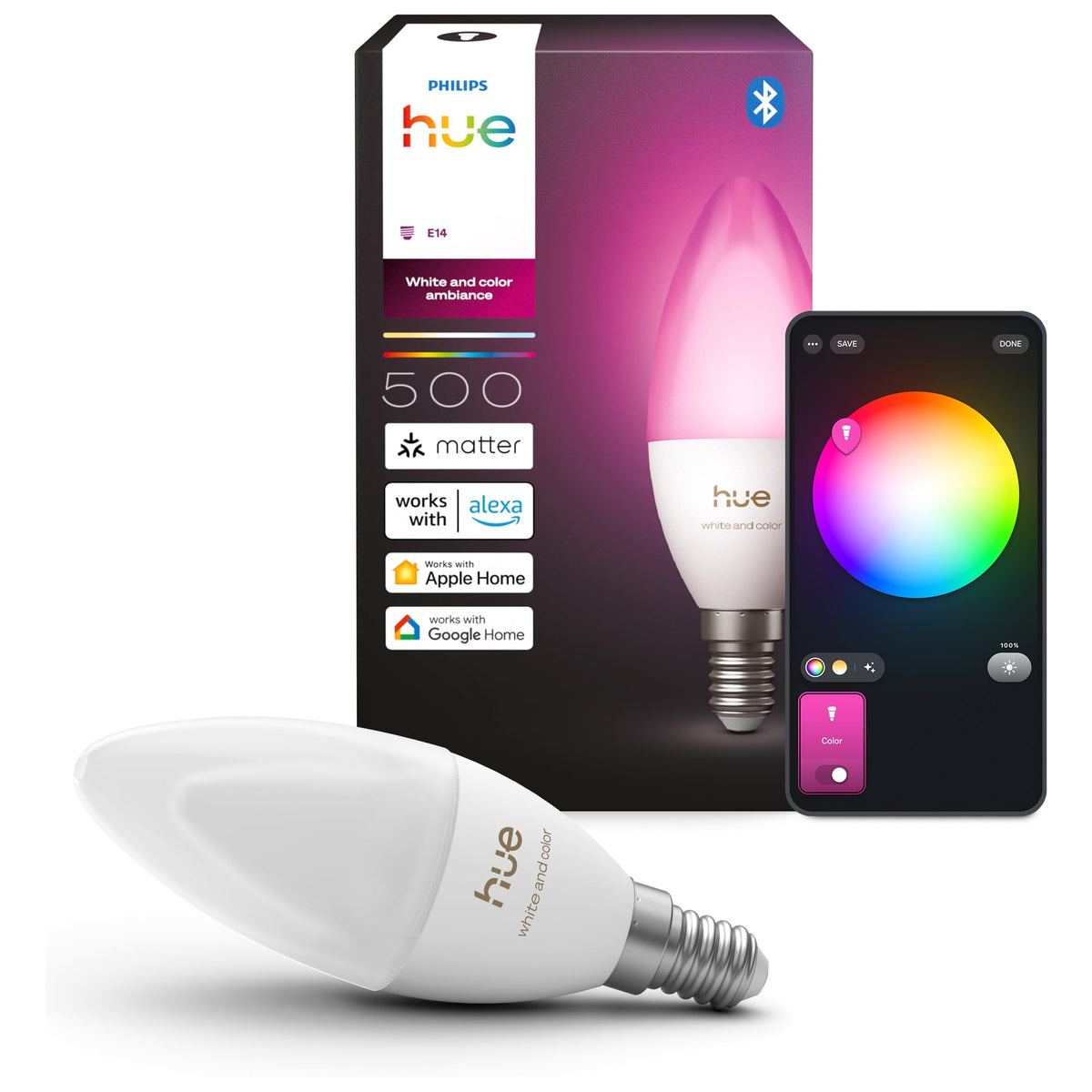 Philips Hue Smart LED Candle Light, B39, E14, 1-Pack, White and Color Ambiance, Full Spectrum Light 1,000 K–20,000 K, 500 lm, Extremely Low Dimmable, Chromasync, Alexa, Google Home, Apple Home - 929004295301