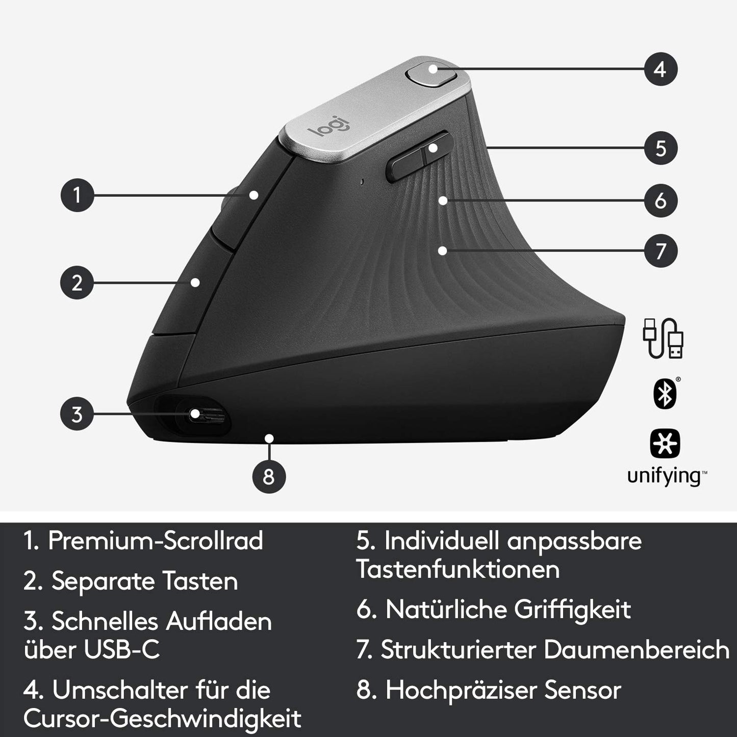 Logitech MX Vertical, ergonomic wireless mouse, Bluetooth and 2.4 GHz connection via Unifying USB receiver, 4000 DPI sensor, rechargeable battery, 4 buttons, multi-device, PC/Mac/iPadOS - graphite - 910-005448