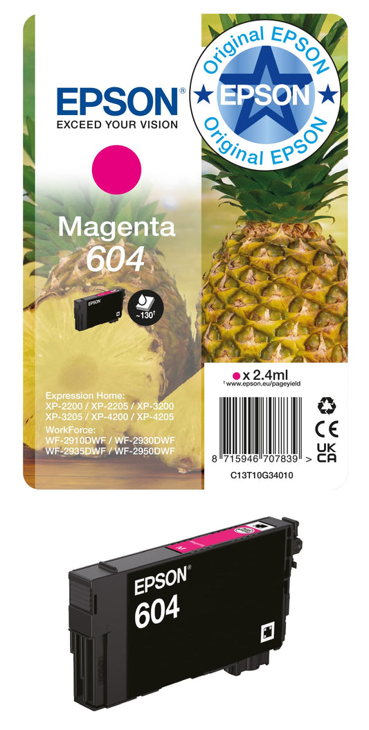 Epson Original 604 Ink Pineapple Single Pack Magenta Standard, XP-2200 XP-2205 XP-3200 XP-4205 WF2910DWF WF2930DWF WF2950DWF, ReadyPrint Flex ink tariffs - C13T10G34010