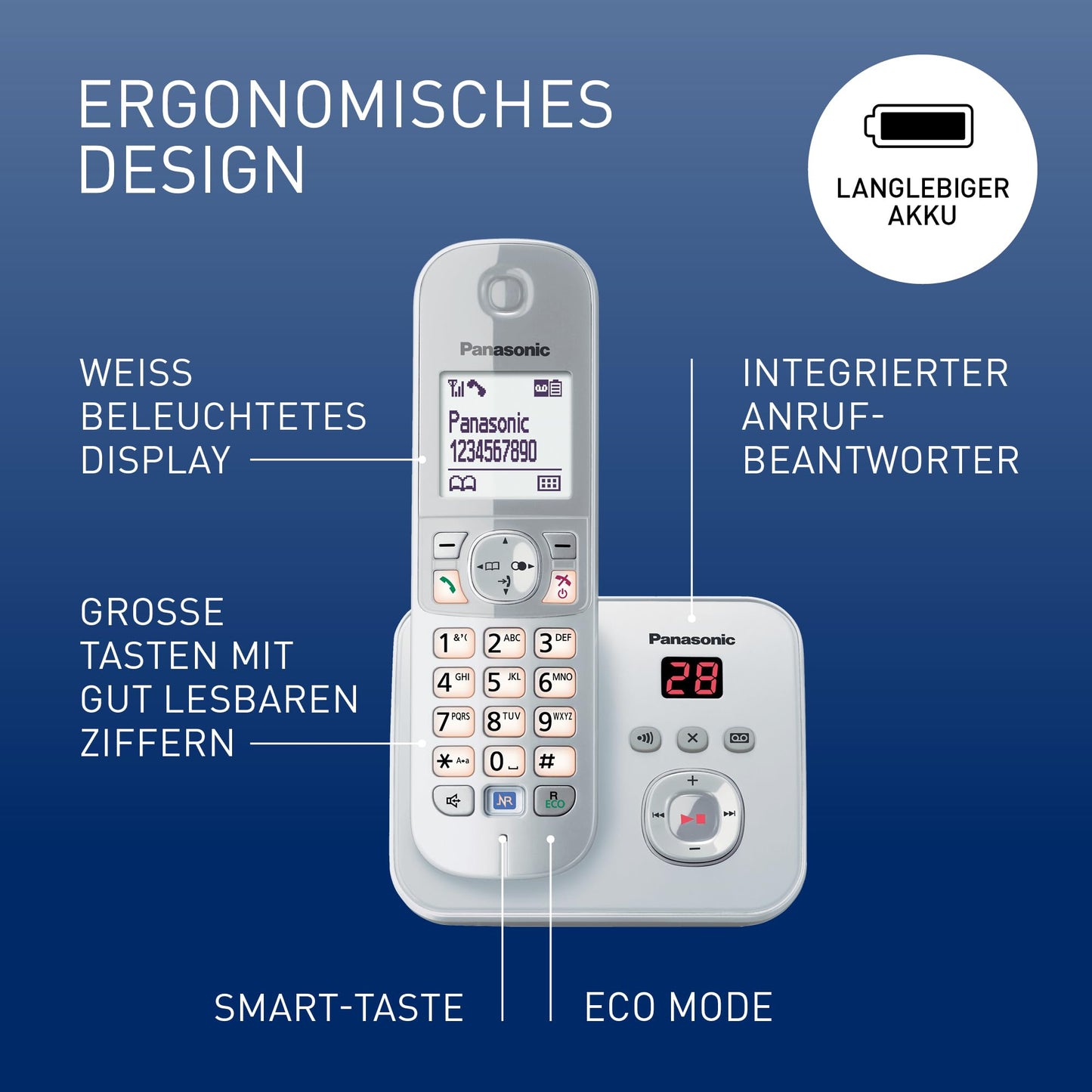 Panasonic KX-TG6821GS DECT cordless telephone with answering machine (low radiation, eco mode, gap telephone, landline, call barring) pearl silver