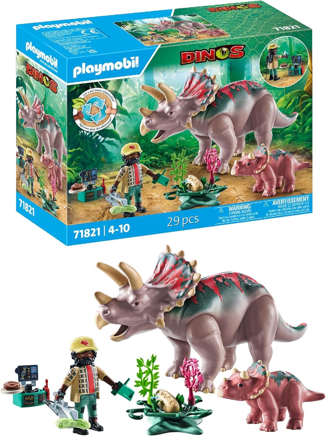 PLAYMOBIL | Dinosaurs | Triceratops with young animal | Dino playset | Animal figures | Adventure Toys | for children aged 4 and over | 71821