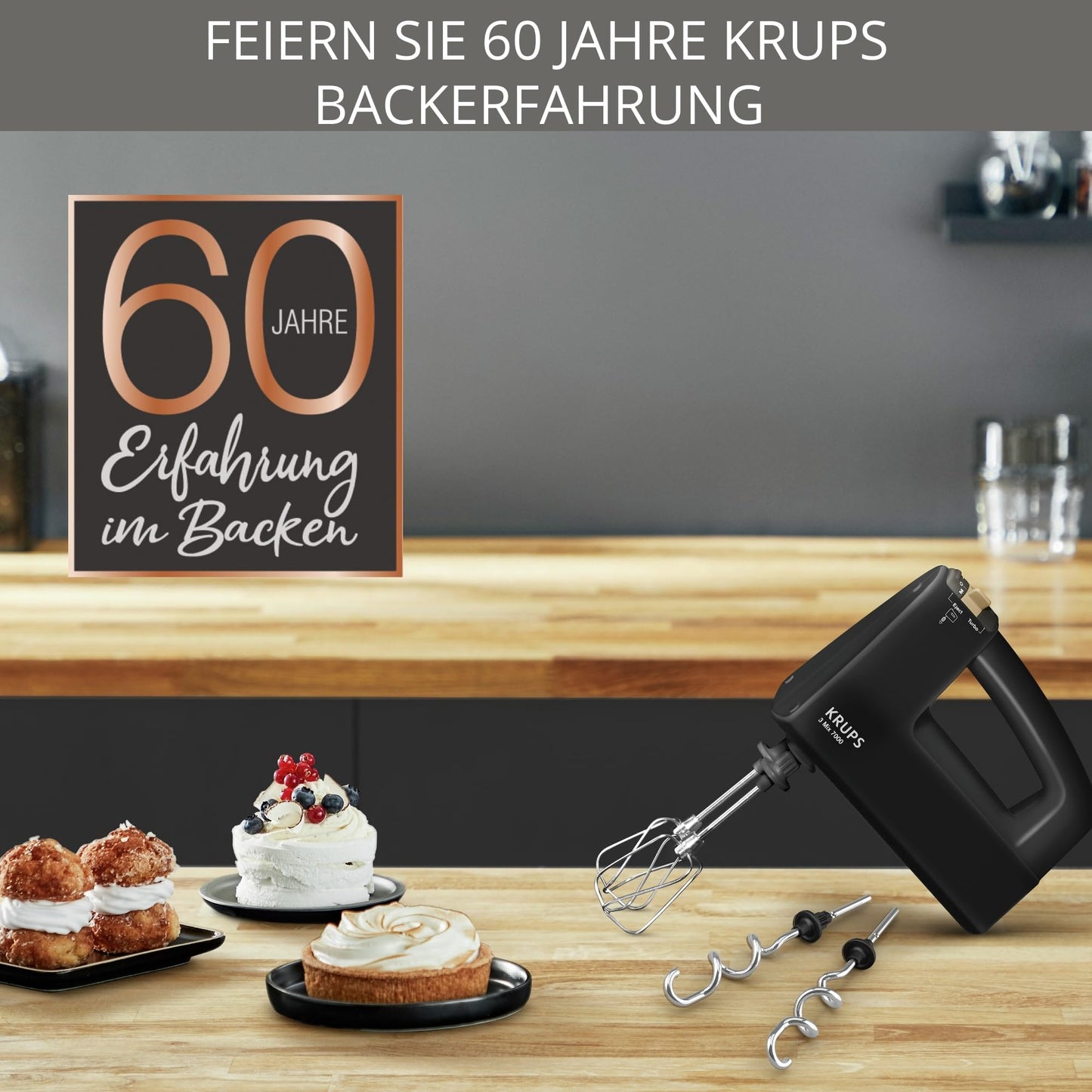 Krups F60858 3 MIX 7000 hand mixer 60 years edition | 500W | ergonomic handle | 1.65m long cable | Speed controller, whisk & dough chopper | up to 1kg bread dough | Black/copper