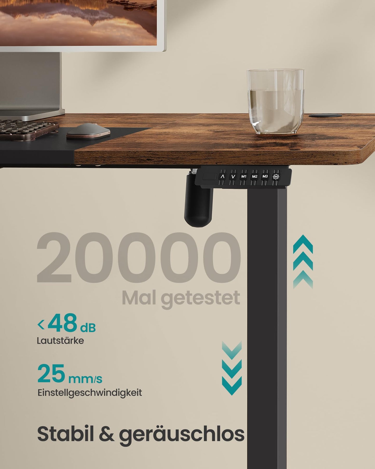 SONGMICS Electric height-adjustable desk, 140 x 60 cm, infinitely adjustable, memory function with 4 heights, vintage brown-ink black LSD016X01