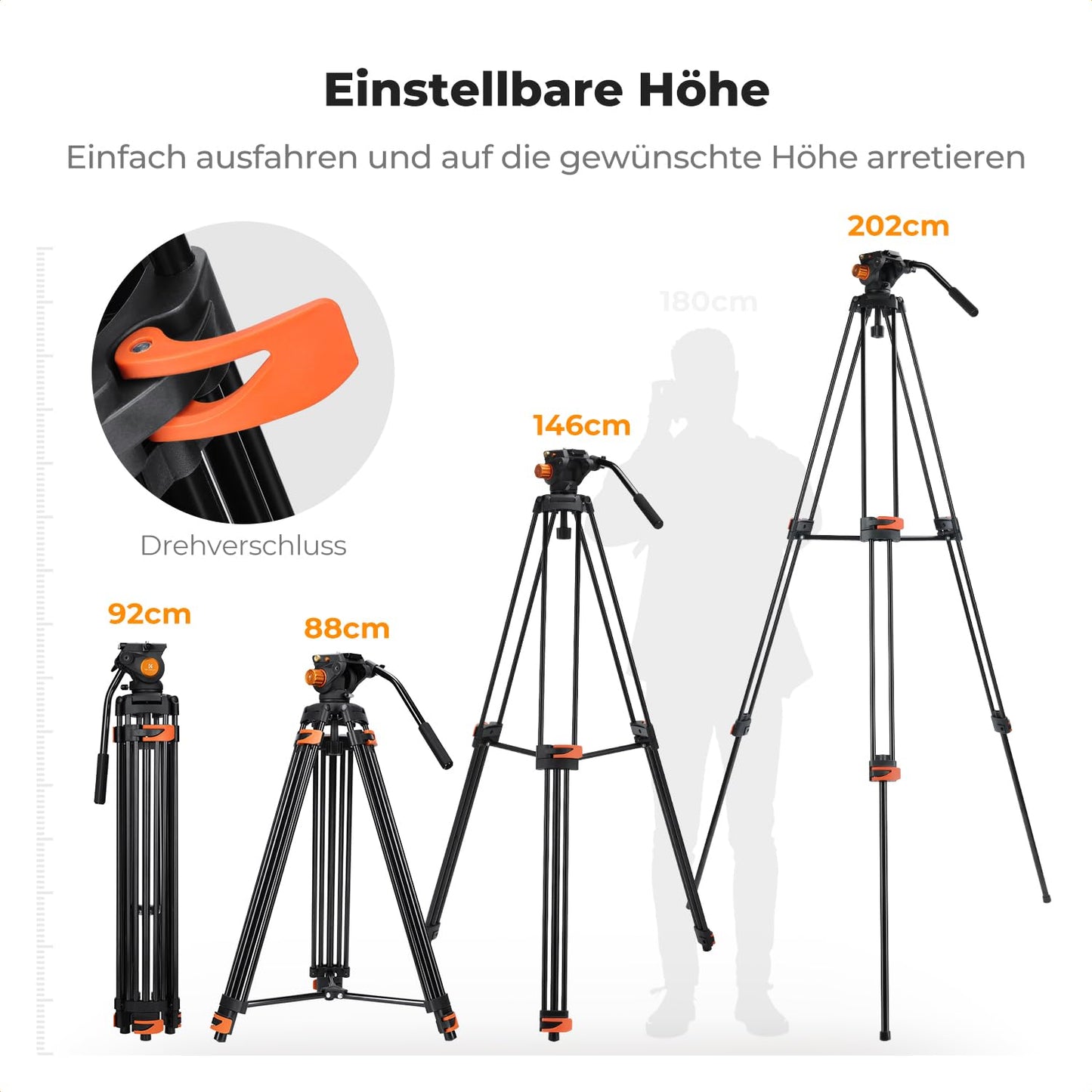 K&F CONCEPT Black-Orange Aluminum 202cm Video Tripod, Heavy Duty Tripod with Fluid Head and Quick Release Plate, Camera Tripod for DSLR, Camcorders, Cameras, Load Capacity 8kg - VA3+BV70