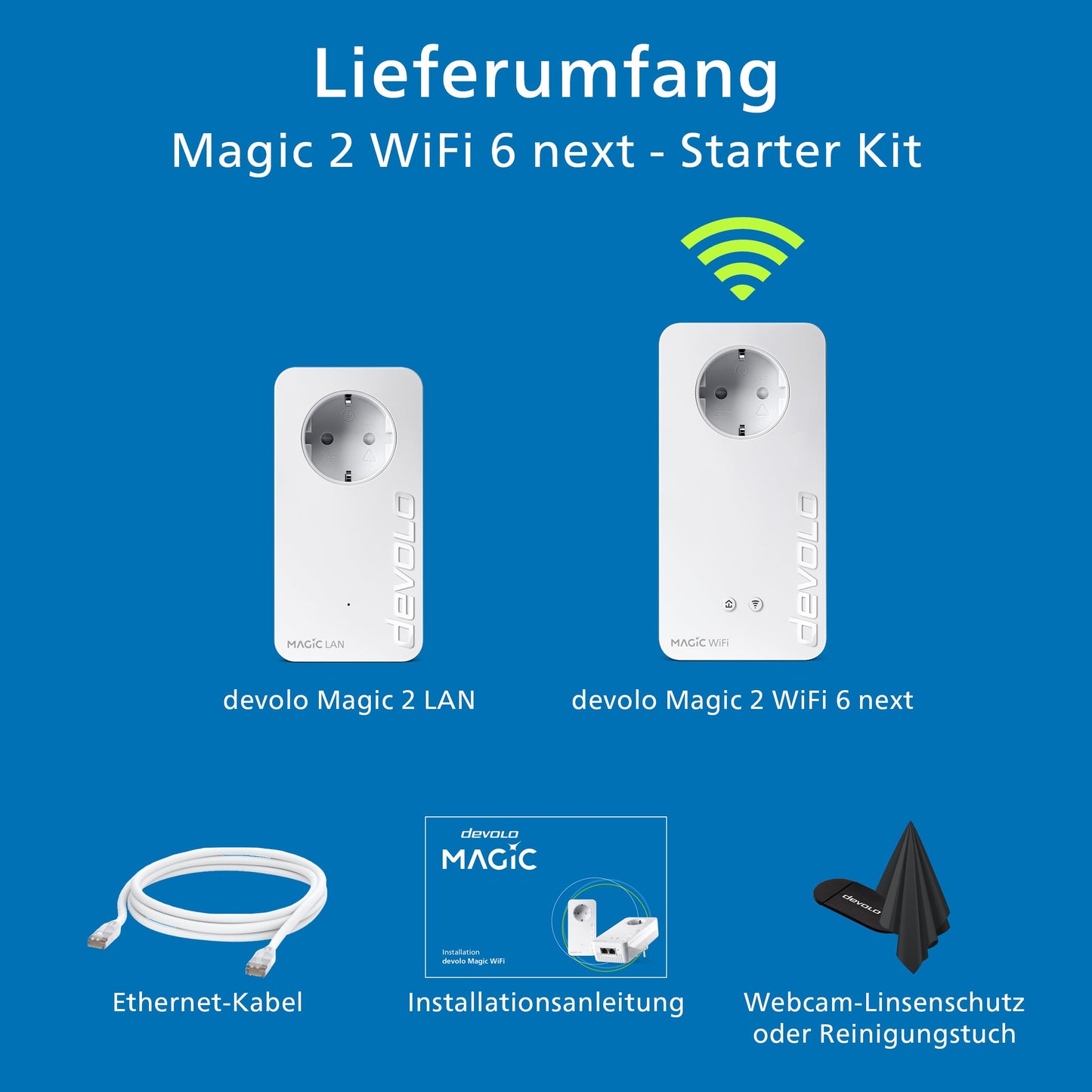 devolo Magic 2 WiFi 6 Next Starter Kit, WiFi powerline adapter, up to 3,000 Mbit/s via Wi-Fi 6, mesh WiFi socket, 2X Gigabit LAN, white - 7215