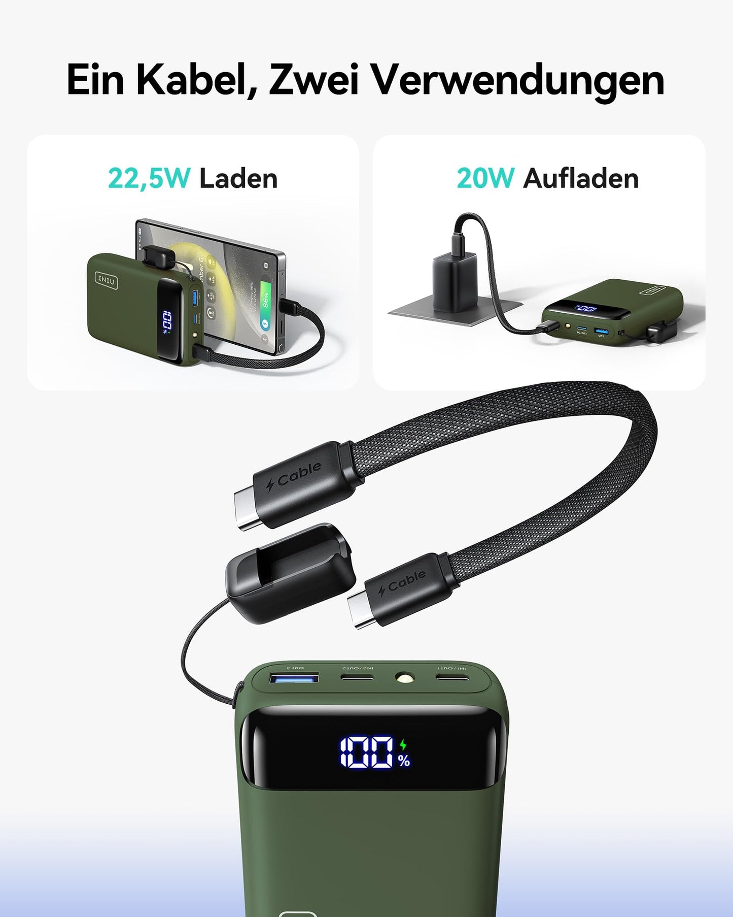 INIU Ultra Small 20000mAh Power Bank, 22.5W Quick Charge PowerBank with Removable USB C Cable, Flight-Friendly & Travel Essential, External Mobile Phone Batteries for Camping, Outdoor Activities, Festivals, Green - P512