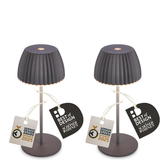 BRILONER - 2-piece set of Riffle Mini LED table lamps, wireless, IP44 with light edge, 8.5x20 cm, touch dimmer, rechargeable battery, bedside lamp, battery lamp, German Design Award Winner 2025, anthracite. - 7685025