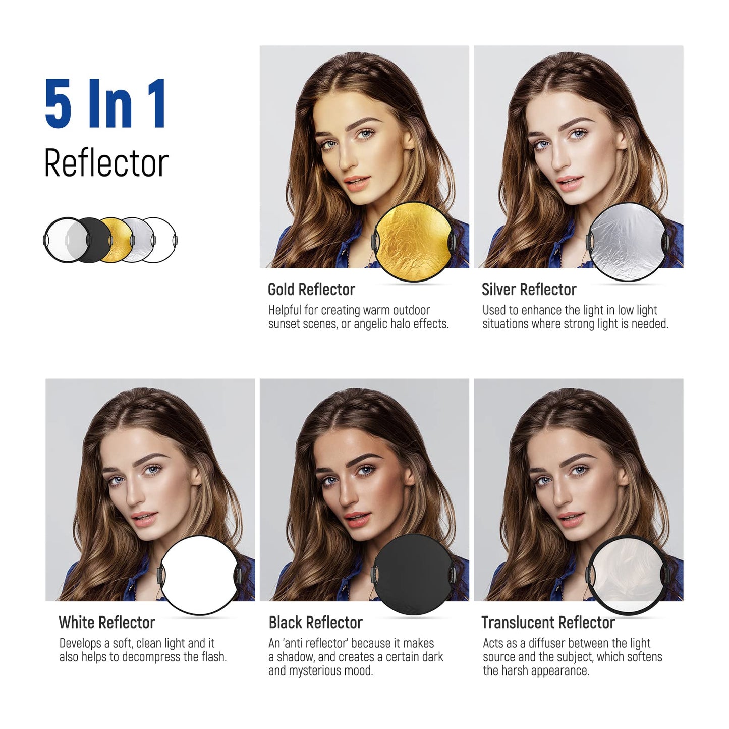 NEEWER 22"/56cm light reflector with handle with 3/8" thread, 5 in 1 folding disc light diffuser translucent/silver/gold/white/black for photo lighting, outdoor lighting, RF-56II
