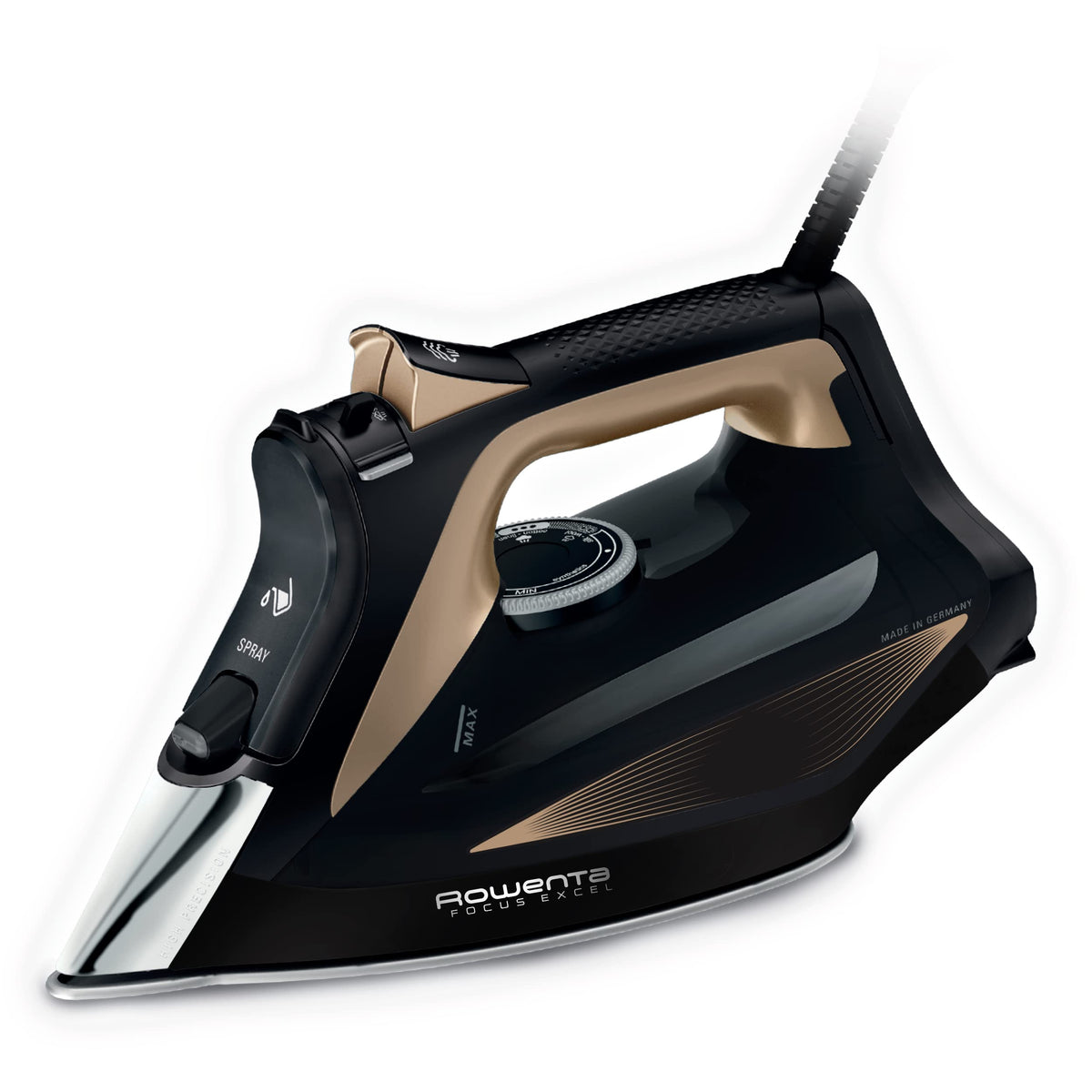Rowenta Focus Excel Fier de călcat cu aburi, 2700 Watt, 45 g/Min. eliberare continuă de aburi, 180 g/Min. impuls de aburi, oprire anti-picurare, setare anti-calcar, rezervor de apă de 300 ml, negru/cupru, DW5325