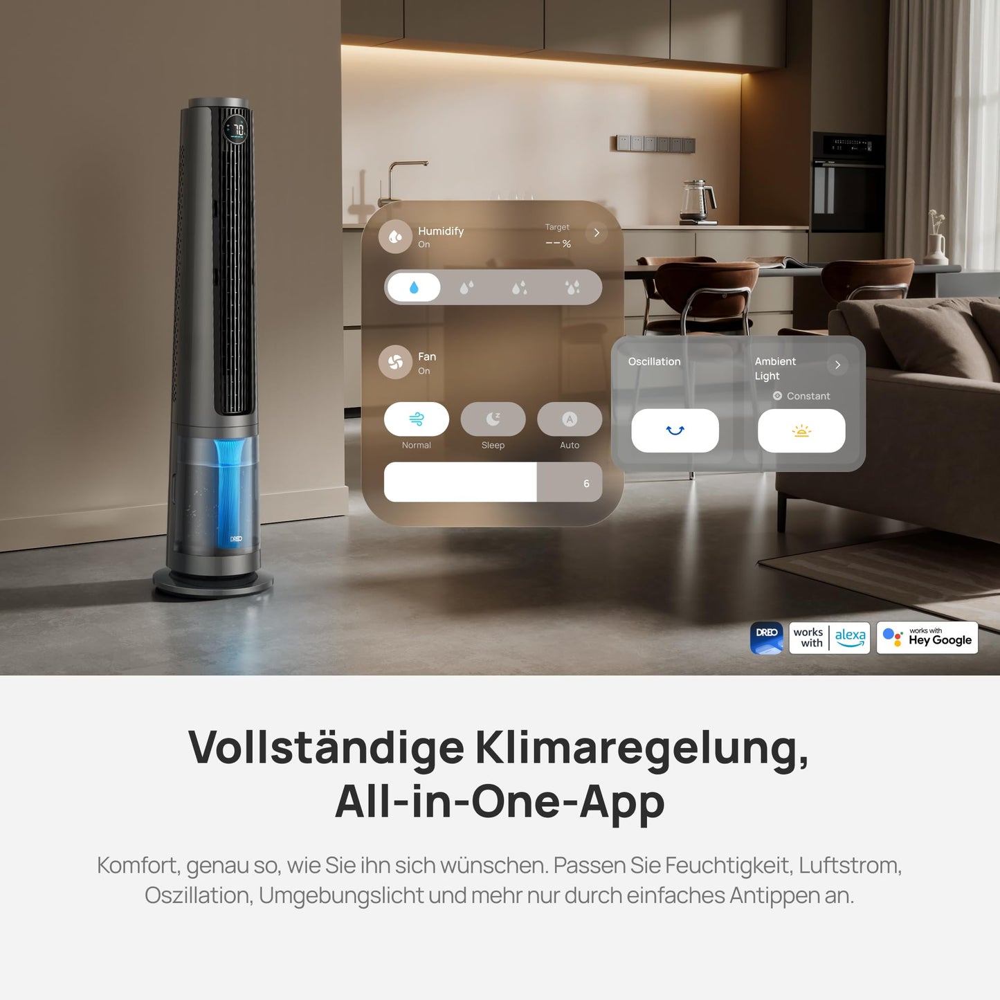 DREO TurboCool Mist Fan 765S, 3-in-1 tower fan with ultrasonic, WiFi & app control, 6 L tank, 10.4 m/s airflow, 20 dB quiet DC motor, 90° oscillation, 12 speeds, 4 modes - DR-HEC005S