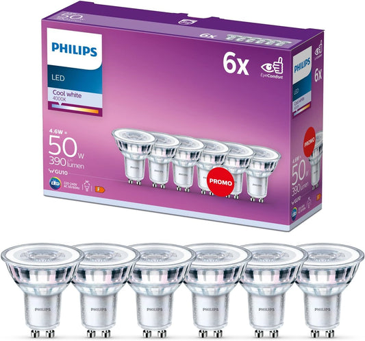 Philips LED Classic GU10 lamps pack of 6 (50 W), reflector LED spots with cold white light, energy-saving lamps with a long useful life, not dimmable - 929001218298